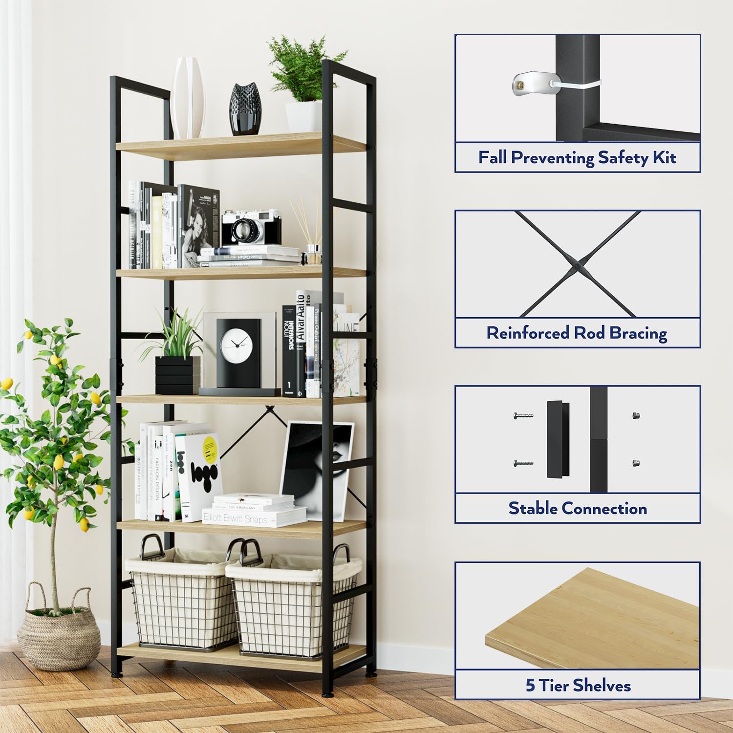 NUMENN 5 Tier Bookshelf, Tall Freestanding Open Storage Bookcase, Vintage