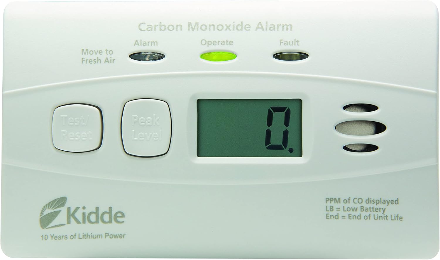 Kidde Carbon Monoxide Detector, 10-Year Battery Powered, Digital Display, LED Status Indicators, 85 dB Alarm, 3rd Edition