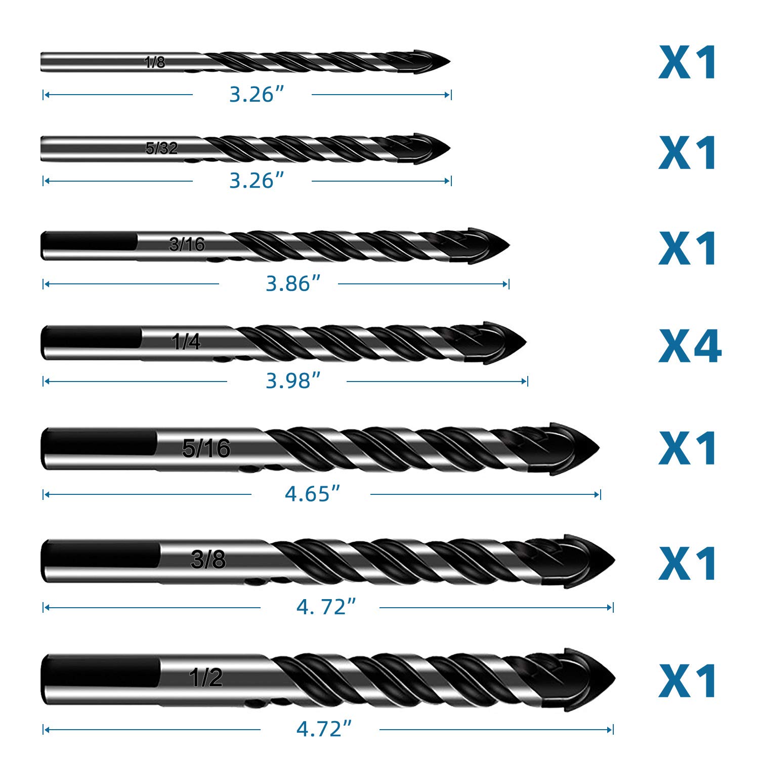 10-Piece Masonry Drill Bit Set for Concrete Tile Glass Ceramic Brick, 1/8 to 1/2 Inch Drilling Bits with Triangle Handle