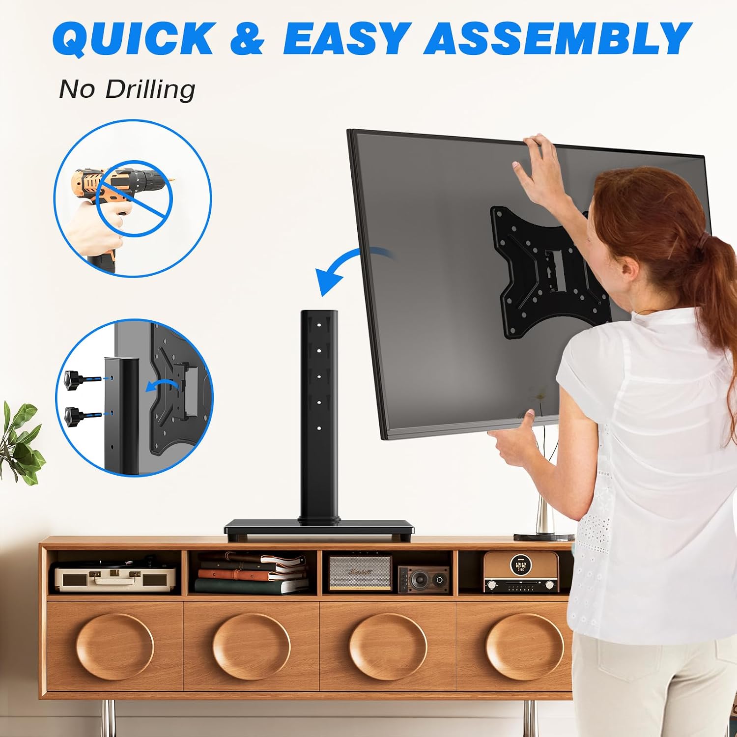 Rfiver Universal Swivel TV Stand for 27-50 55 60 Inch TVs | Height Adjustable Tabletop TV Stand Holds up to 88 lbs, Pedestal TV Stand with Tempered Glass Base, Replacement TV Mount