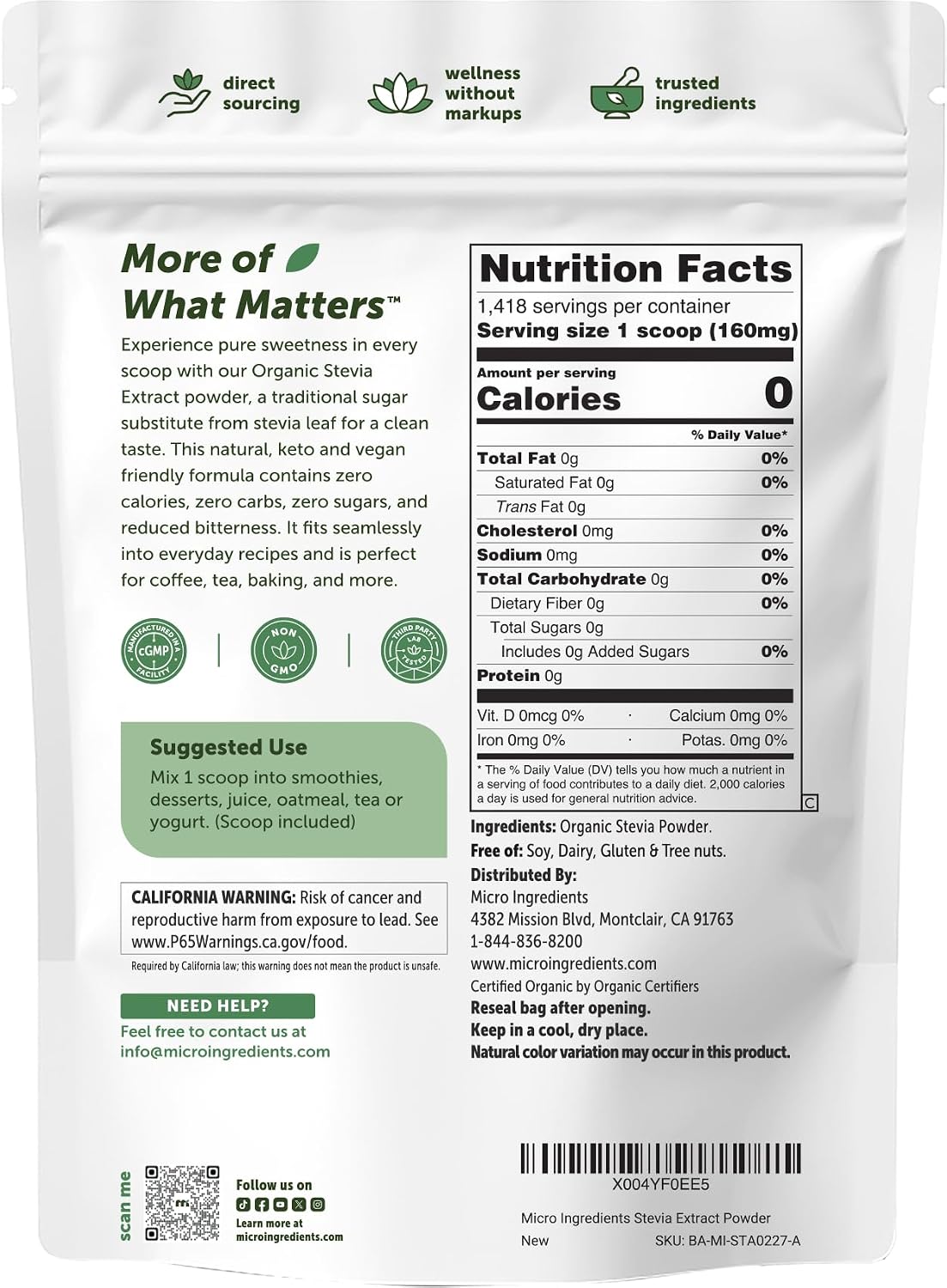 Micro Ingredients Pure Organic Stevia Powder, 8 Ounces, 1418 Serving, Highest Grade Green Leaf Extract Reb-A, Reduced Bitter Aftertaste, 0 Calorie, Natural Sweetener, Sugar Alternative, Keto Friendly
