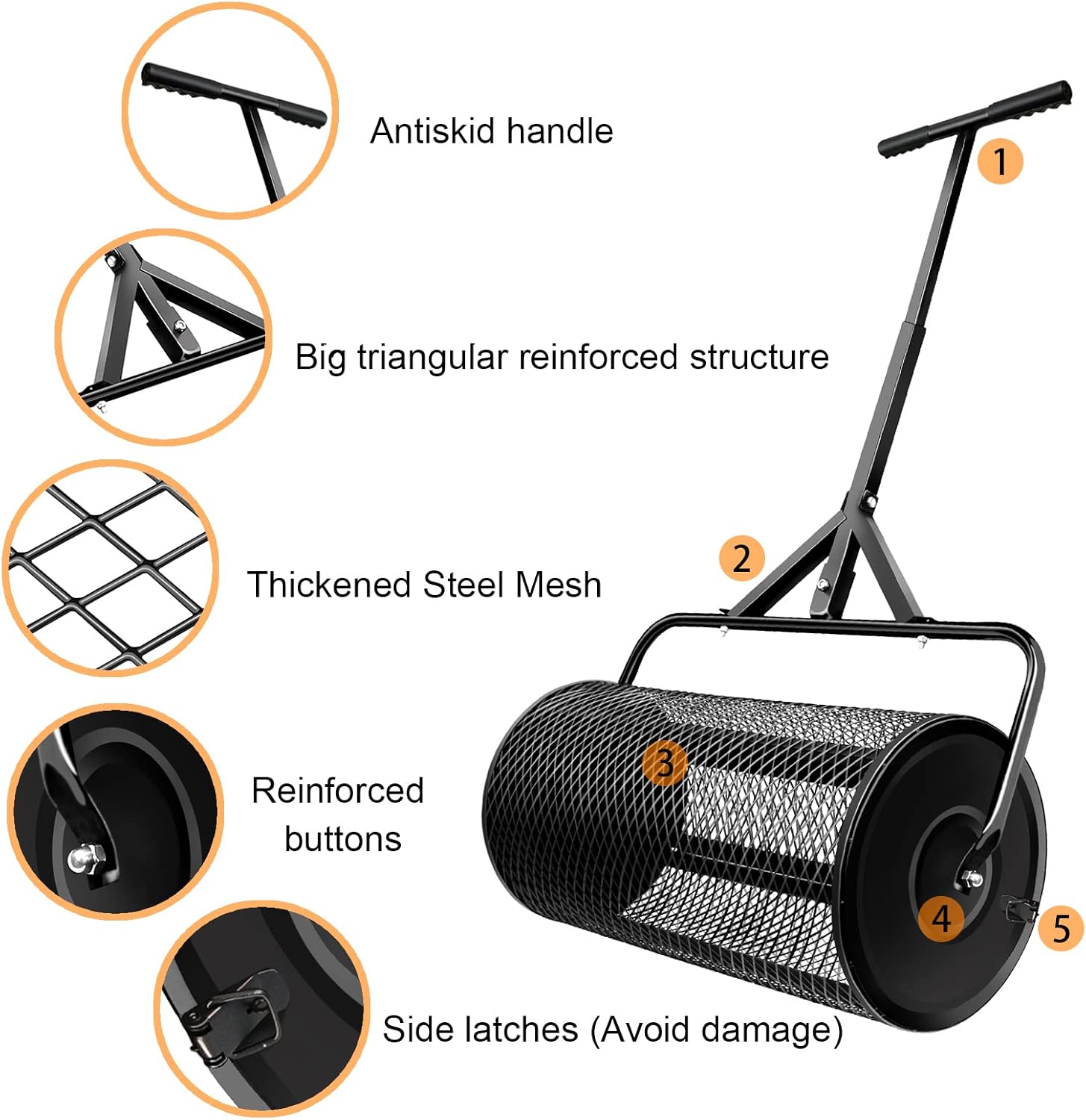 24 in Compost Spreader for Lawn Garden Yard Upgraded T Shaped Handle Moss Durable Lightweight for Planting, Seeding (D15.7In, Black)