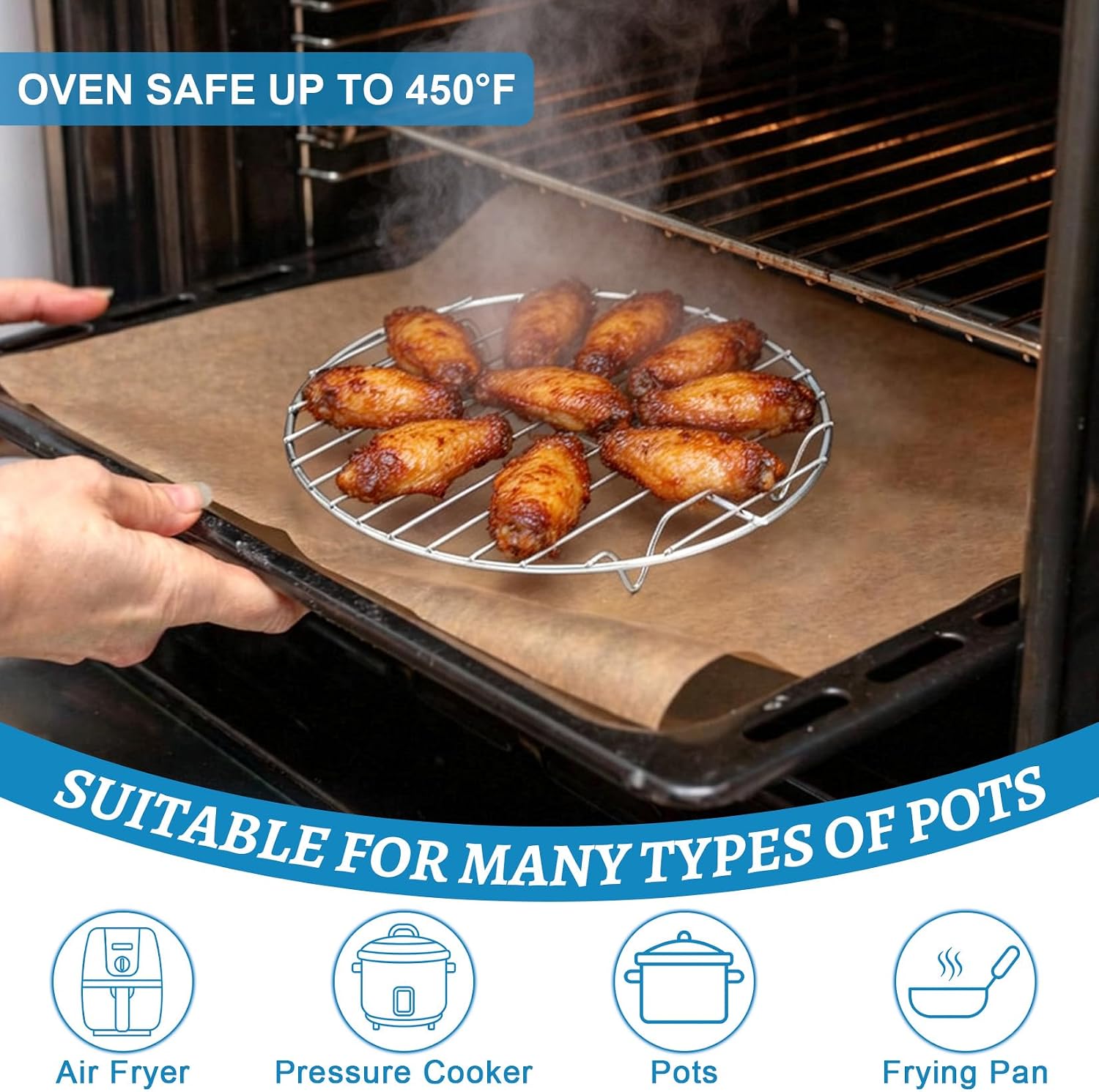P&P CHEF 9 Inch Cooking Rack Round for Steaming Cooling, Silver, 2 Pack