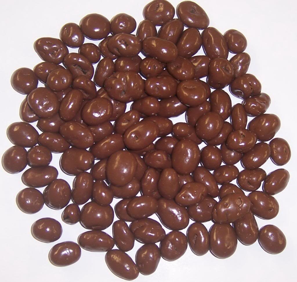 Scott's Cakes Chocolate Covered Raisins in a 1 Pound White Bakery Box