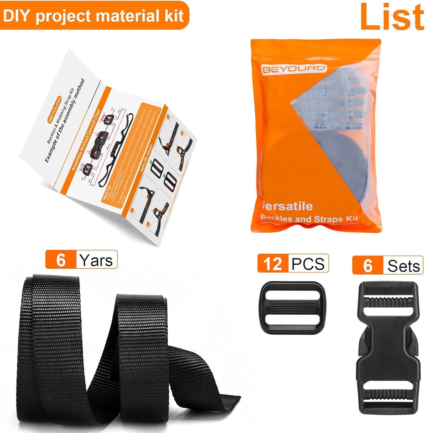 BEYOURD Buckles and Straps Set 1": 6 Yards of Thick Nylon Webbing, 6-Pack Heavy Duty Adjustable Quick Side Release Plastic Buckles