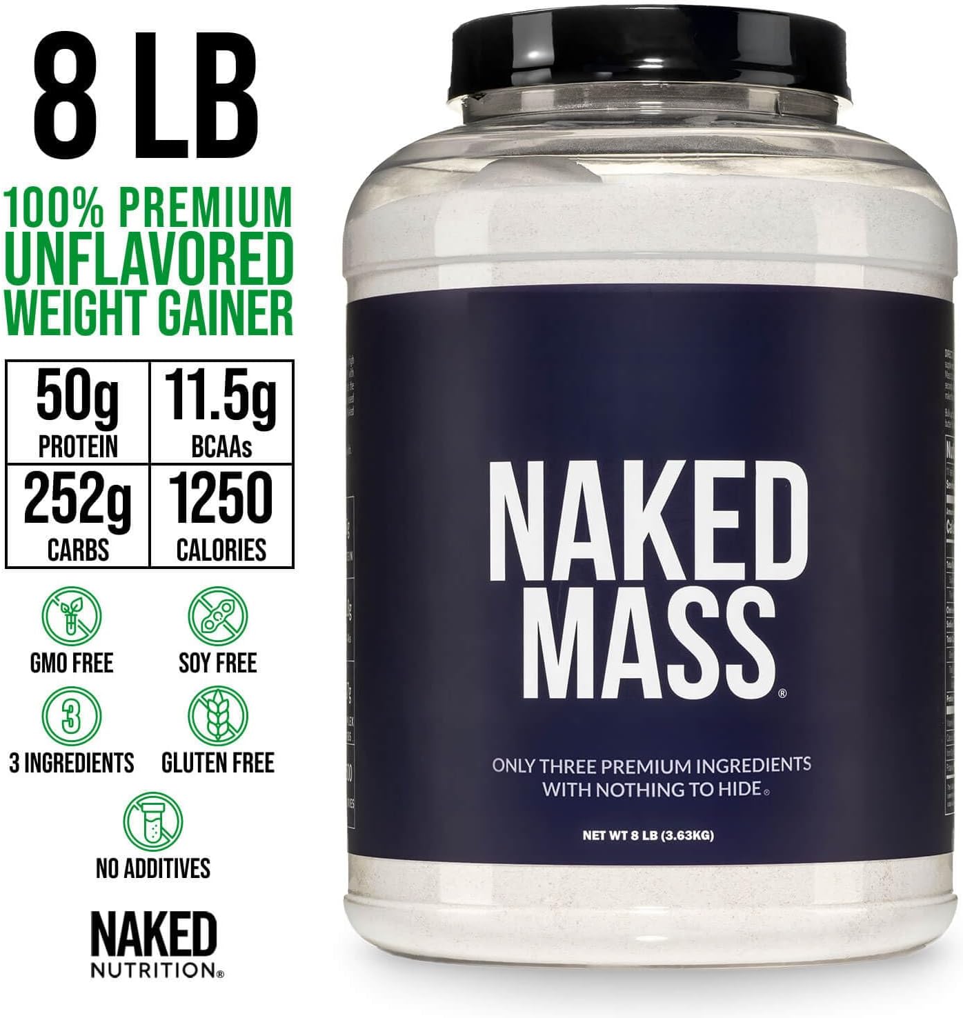 NAKED Mass - Natural Weight Gainer Protein Powder - 8 LB Bulk, NSF Certified, GMO Free, Gluten Free & Soy Free. No Artificial Ingredients - 1,250 Calories per Serving