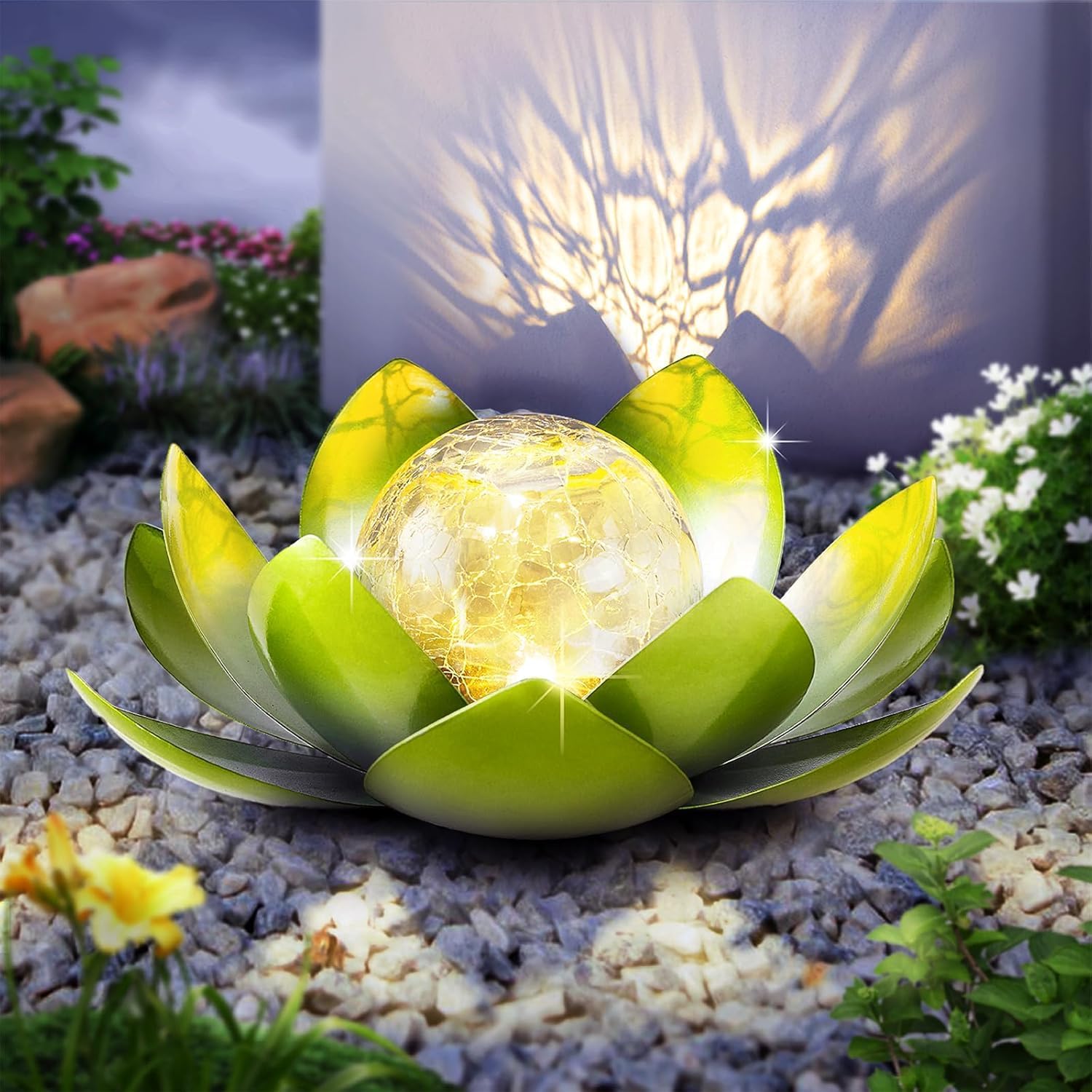 Huaxu Solar Lights Outdoor Garden, Crackle Globe Glass Lotus Decor, Waterproof LED Metal Flower Decorations for Patio,Lawn,Walkway,Tabletop,Ground
