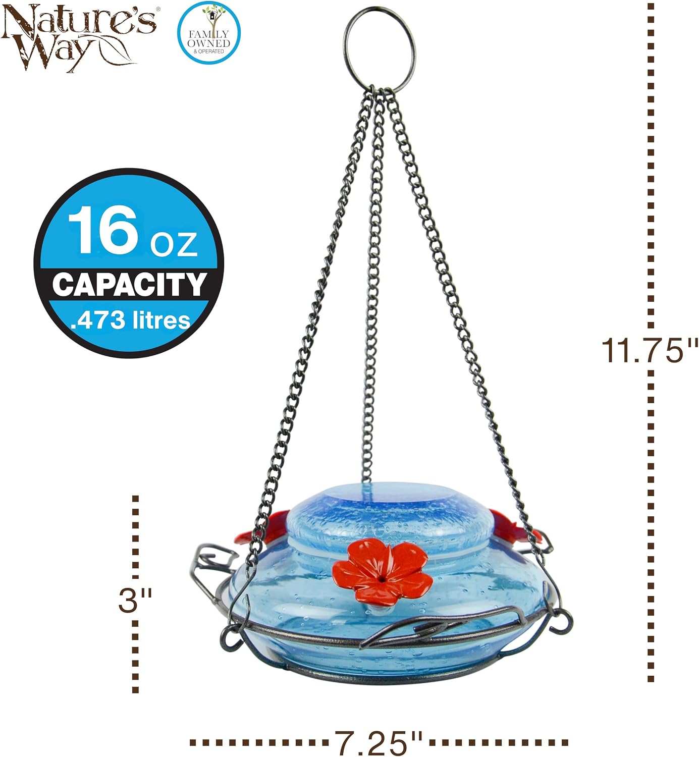 Nature's Way Bird Products MHF4 Hand Blown Garden Top Fill Hummingbird Feeder, 16 oz Capacity, Red