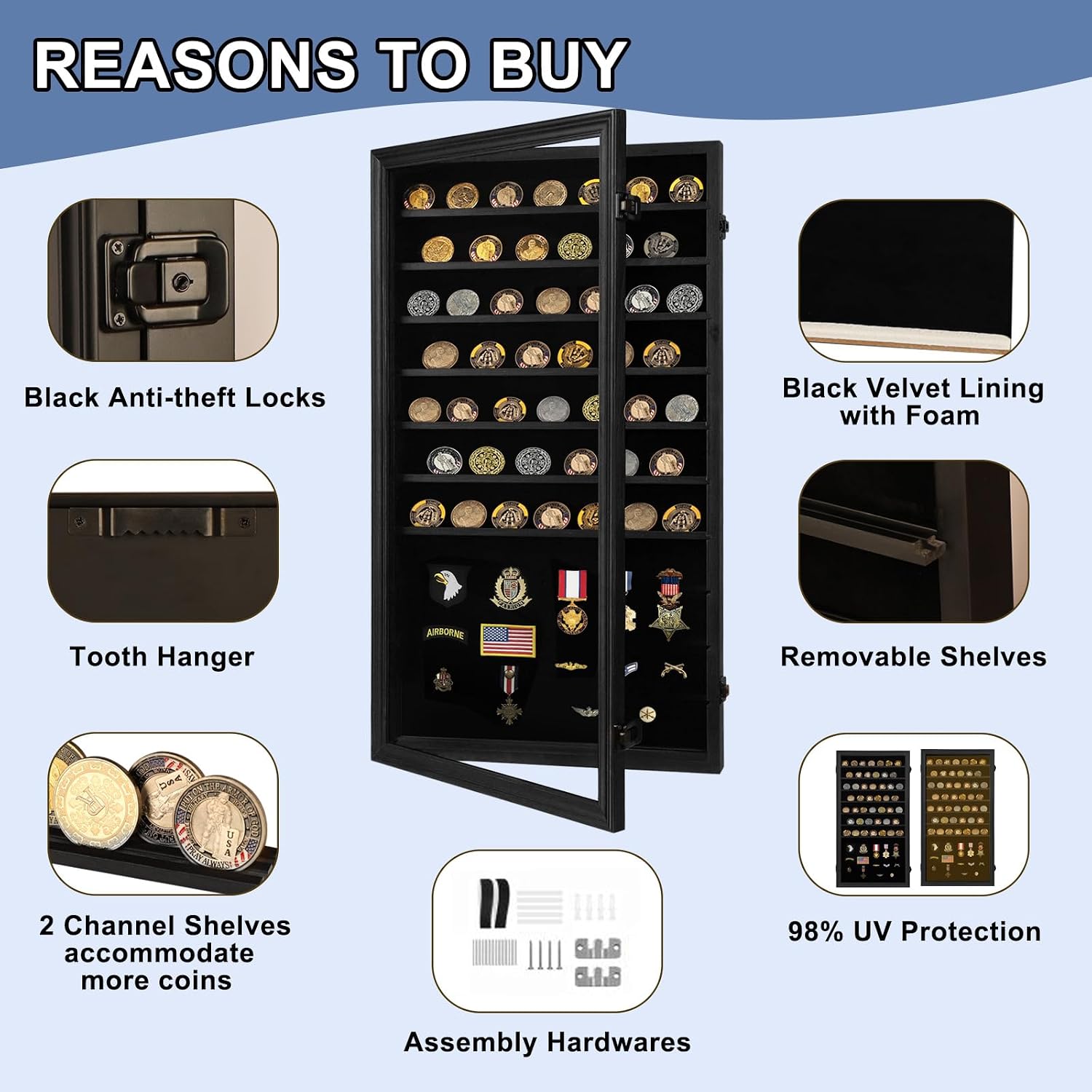 Jinchuan Military Challenge Coin Display Case Lockable Cabinet Rack Holder Shadow Box with Removable 2 Grooves Shelves and Anti Dust Door for Casino