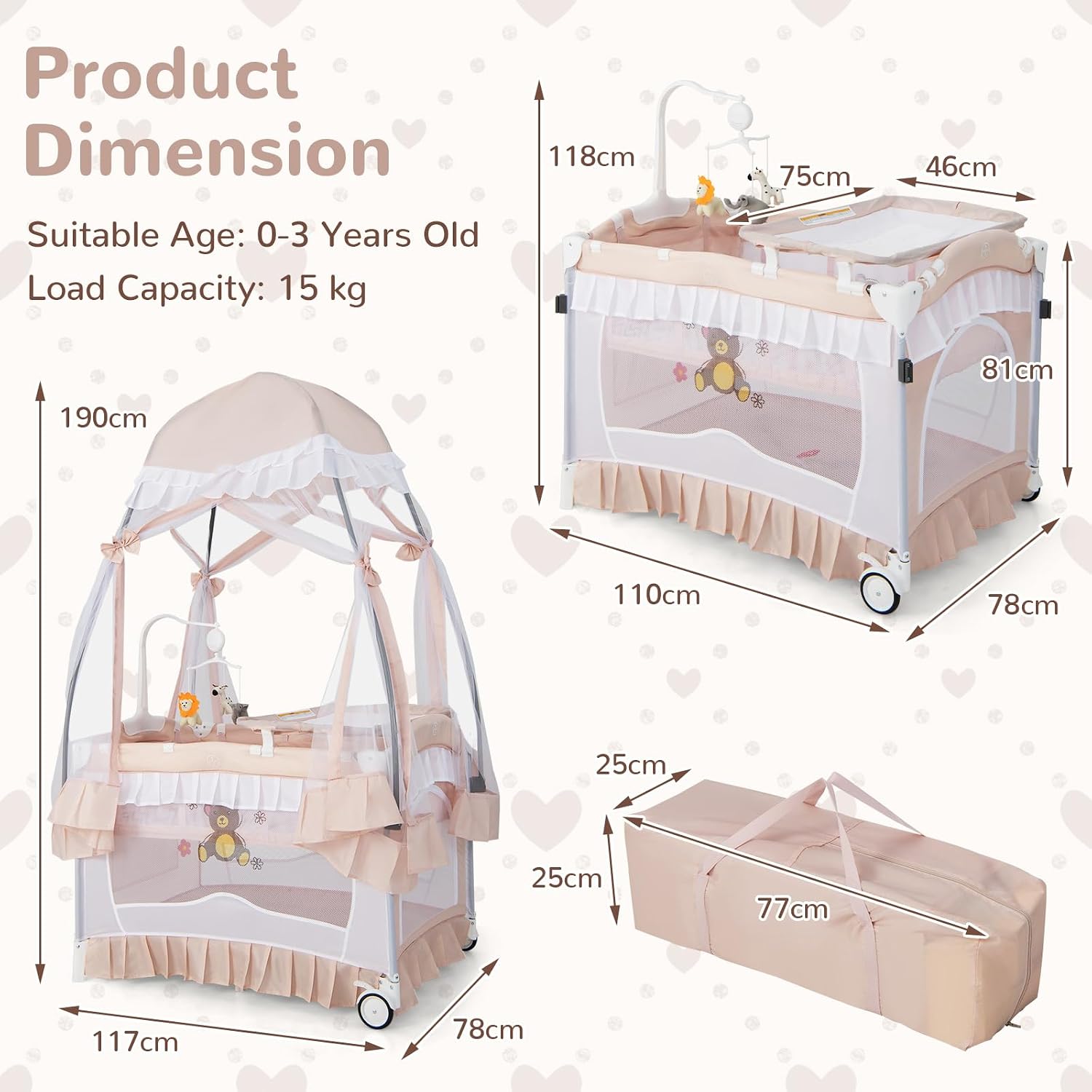 HONEY JOY 4-in-1 Pack and Play with Canopy, Portable Baby Playard w/Changing Table and Infant Bassinet Cute Toys & Music