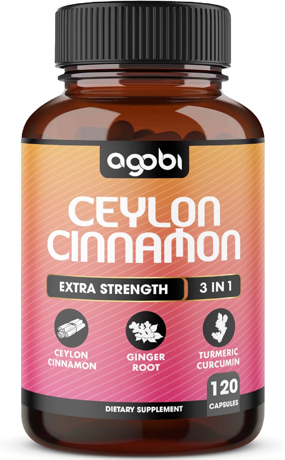 Ceylon Cinnamon Capsules - Combined with Ginger Root and Turmeric Curcumin Supplement - 120 Vegan Capsules