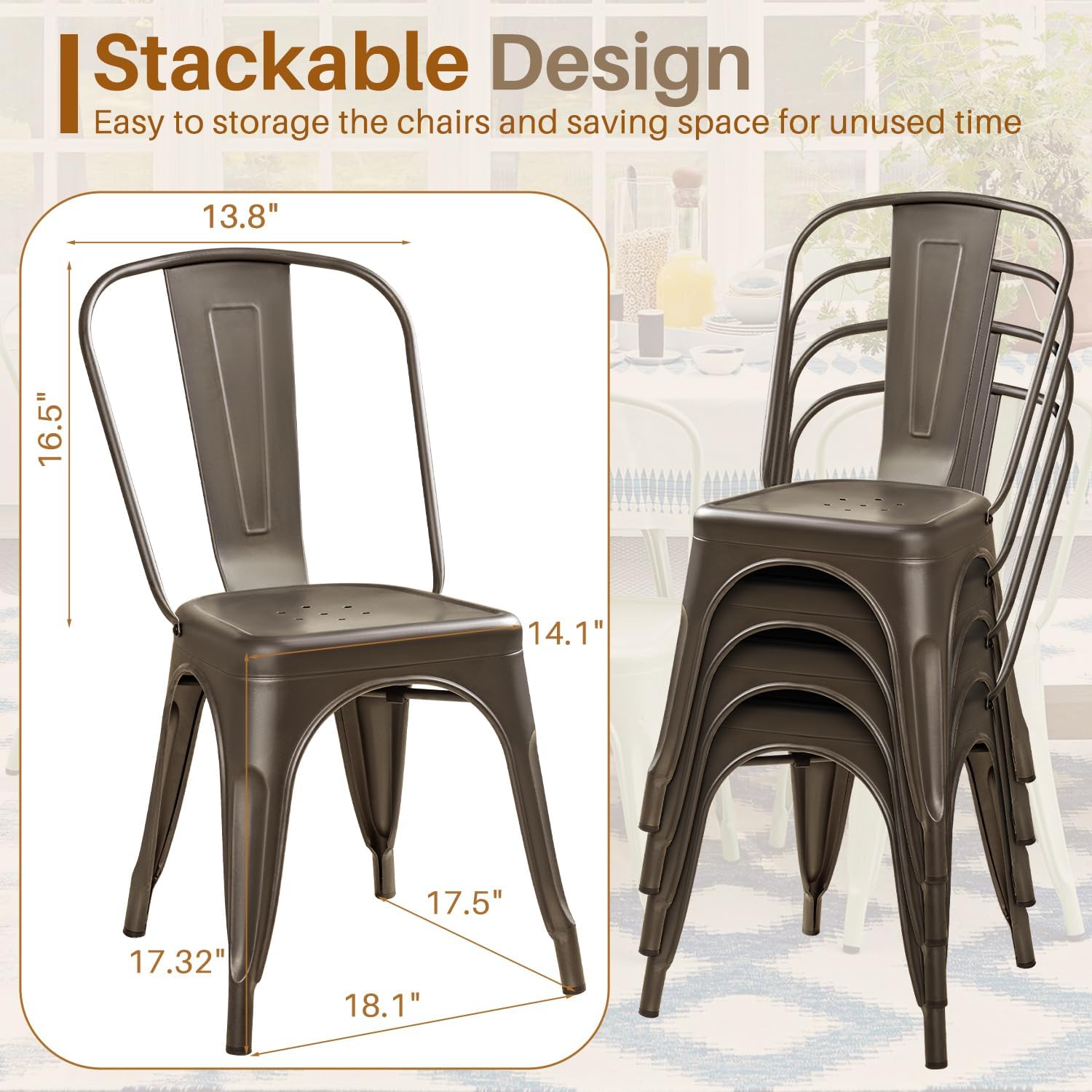 Furmax Metal Dining Chair Indoor Outdoor Use Stackable Classic Trattoria Chair Chic Dining Bistro Cafe Side Metal Chairs Set of 4 (Ivory White)