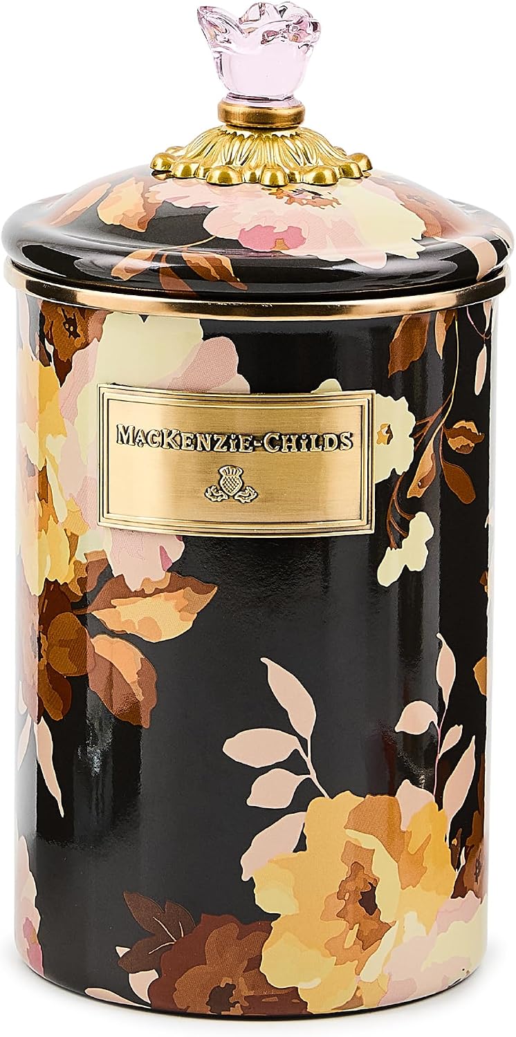 MACKENZIE-CHILDS Enamel Canister, Large, White Butterfly Garden | Hand-applied design, made from enameled steel, versatile kitchen storage container for flour and sugar, 64-ounce capacity
