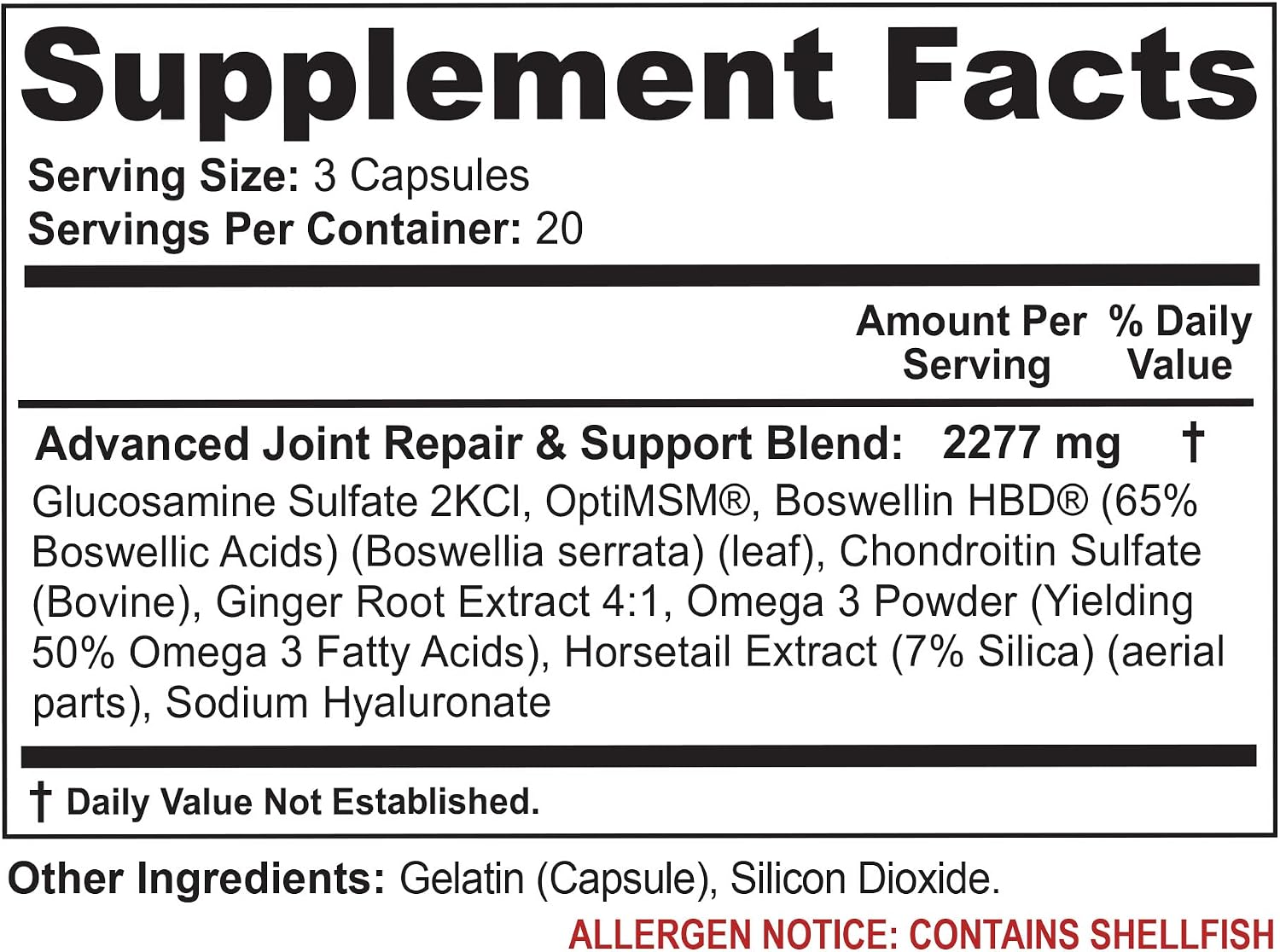 Joint Health & Support Supplement with Glucosamine Sulfate, Chondroitin, Hyaluronic Acid & MSM for Joint Support, Cartilage & Flexability, 60 Capsules