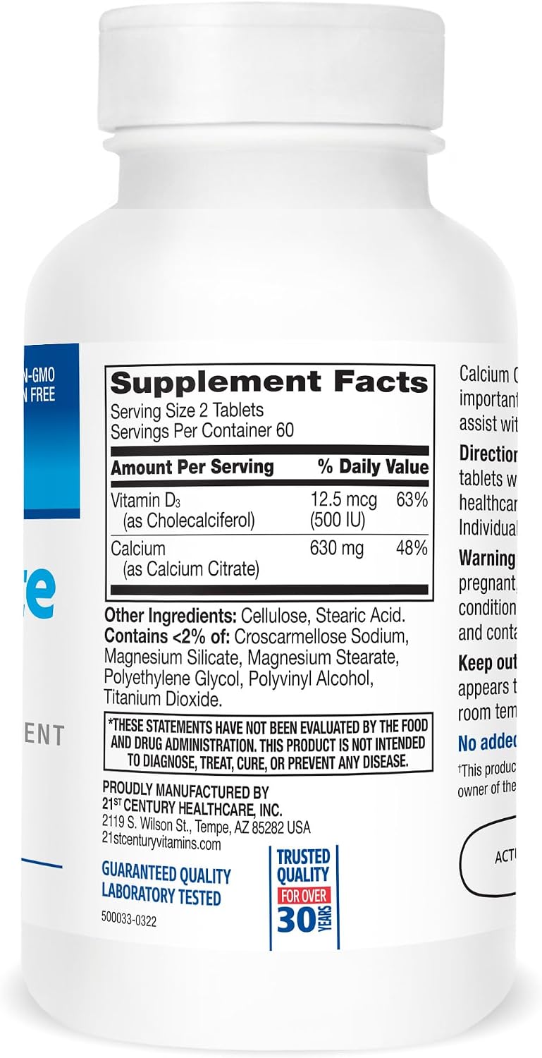 21st Century Calcium Citrate Plus D3 Maximum - 630 mg Calcium, Bone Health Support, Easily Absorbable, Gluten Free, Non-GMO, Compare to Citracal +D3, 400 Tablets