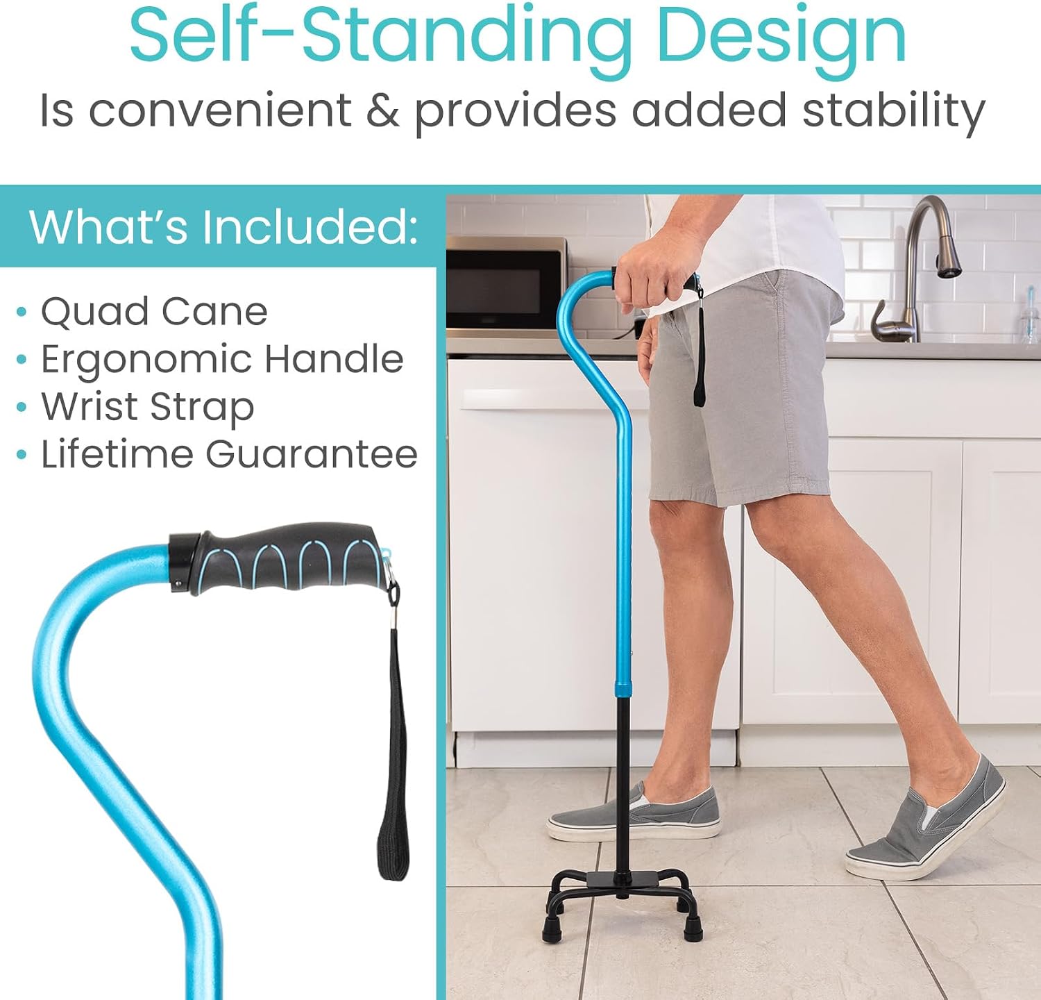 Vive Quad Cane - Walking Stick for Men and Women - Lightweight Adjustable Staff - Comfortable Right and Left Hand Grip for Stability Support - Four Prong Sturdy Aluminum Travel Aid - 4 Tip Blue | Senior 4 Prong Walking Stick for Stability & Balance- Righ…