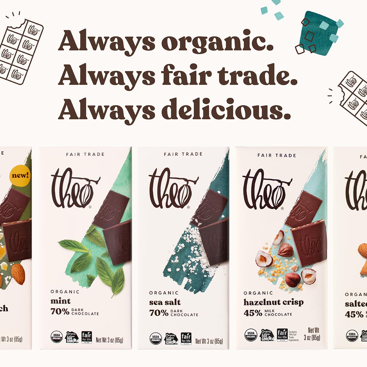 Theo Mint Organic Dark Chocolate Bar, 70% Cacao, 1 Bar | Vegan, Fair Trade
