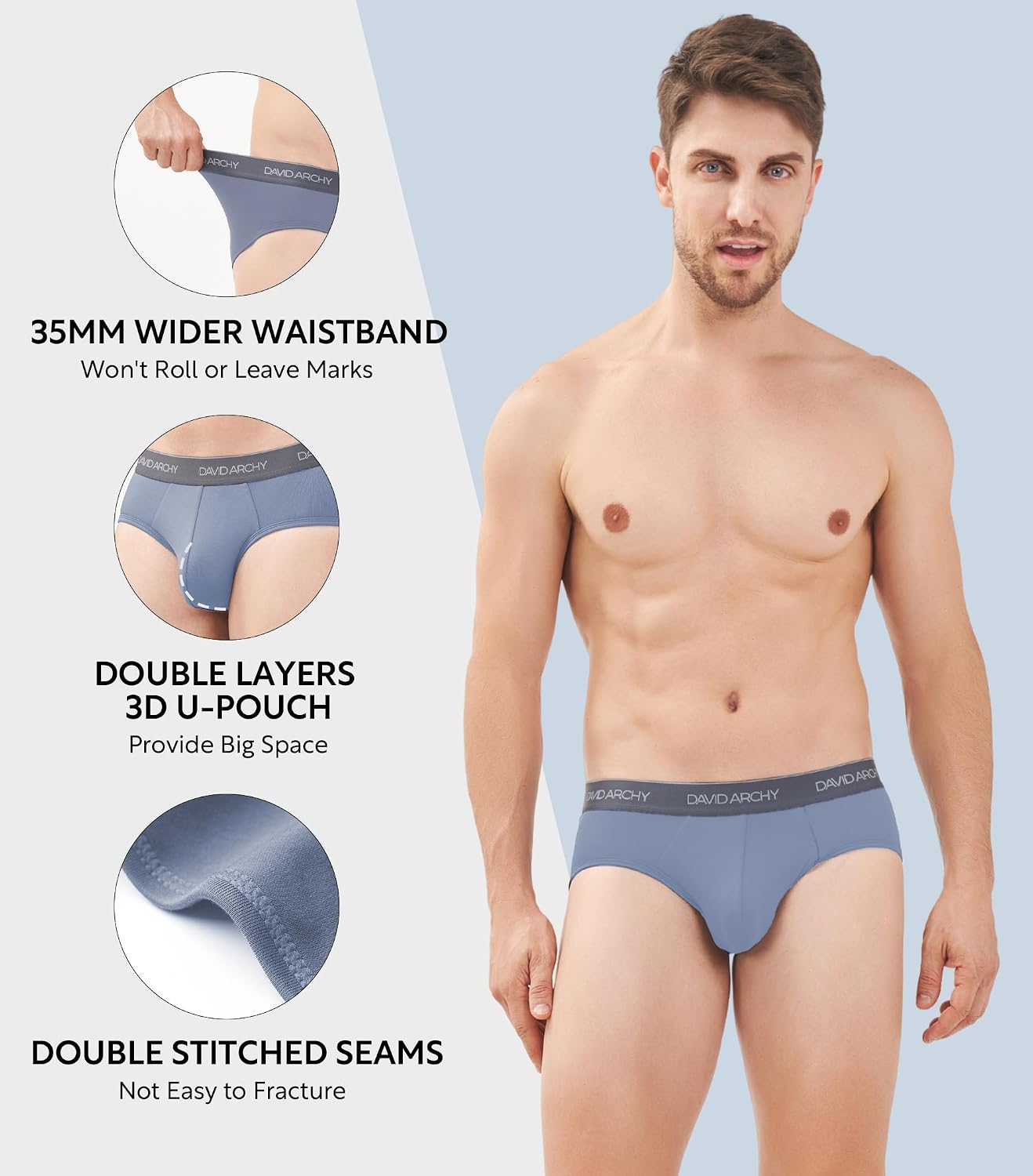 DAVID ARCHY Men's Breathable Support Pouch Underwear Briefs 4 or 7 Pack | Cooling moisture-wicking no-fly Rayon made from bamboo features anti-roll elastic waistbands and vibrant fade resistance.