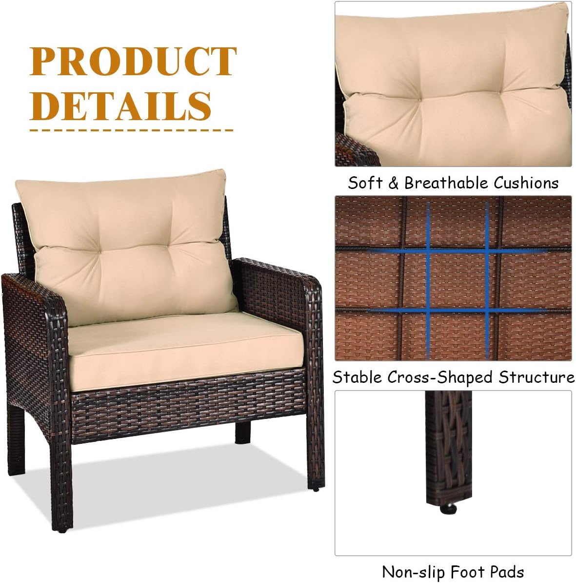 Tangkula 3 Piece Outdoor Patio Furniture Set, Wicker Chairs Set with Glass Top Coffee Table, Thick Cushions
