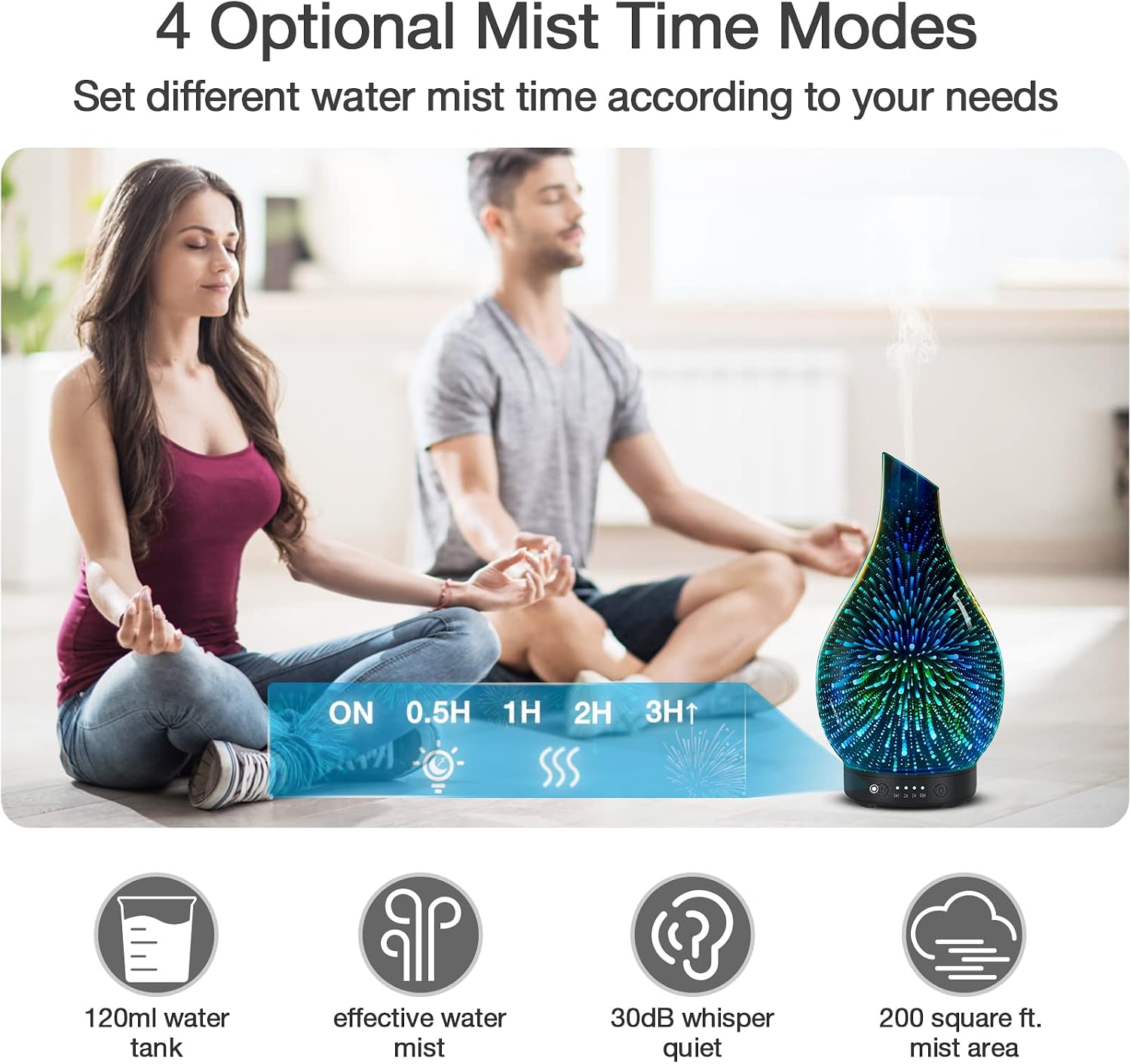 Aromatherapy Essential Oil Diffuser for Home- Art Glass Diffuser for Essential Oils with Waterless Auto Shut-Off 4 Timer 7 Colors LED Night Light