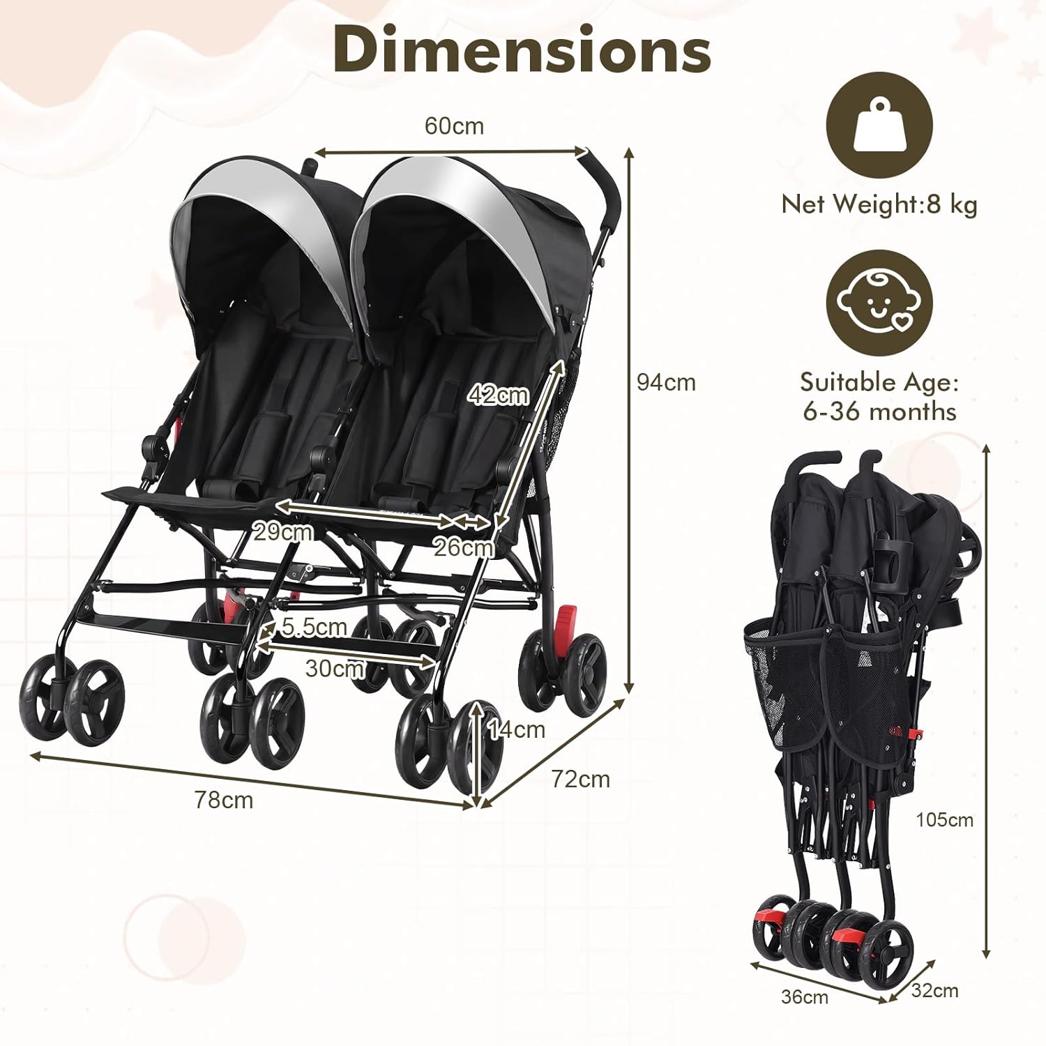 BABY JOY Double Umbrella Stroller, Lightweight Travel Side by Side Twin Stroller with Large Storage, Cup Holder, 5-Point Safety Harness, Adjustable Canopy & Compact Fold for Infant and Toddler (Black)