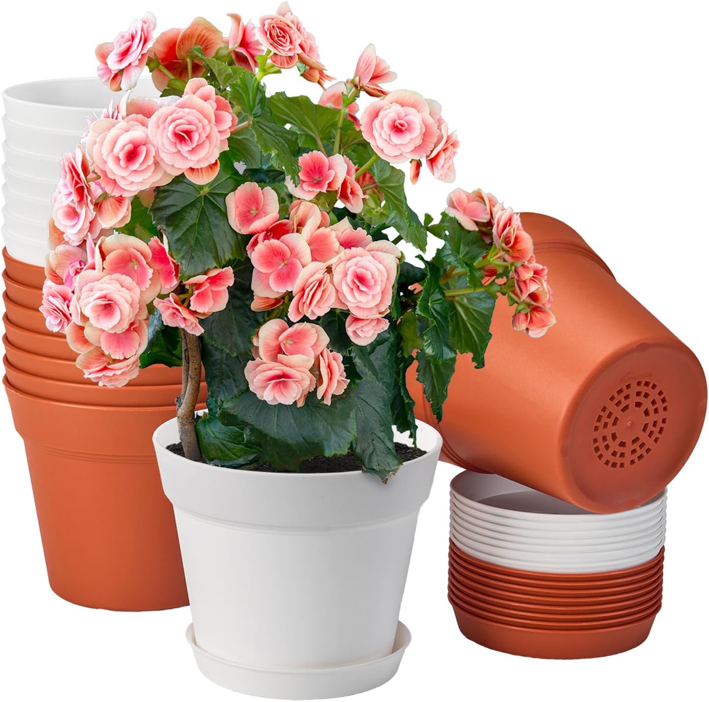 homenote 7.5 Inch Plastic Flower Pots with Drainage Holes and Trays (8 Pcs)