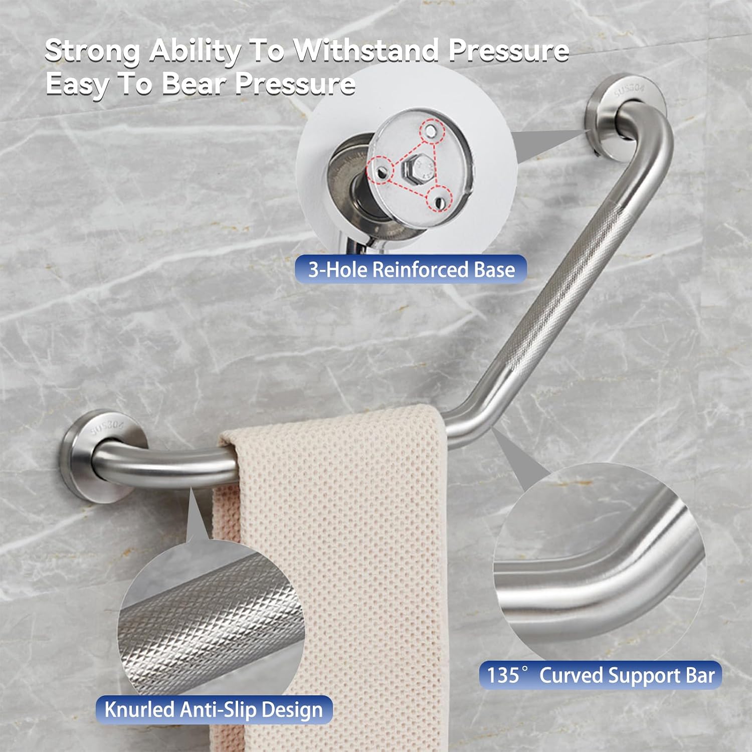 20 Inch Bathroom Grab Bar, Satin Brushed Nickel Angled Grab Bar with Anti-Slip Knurled Grip, Stainless Steel Bath Balance Bar, 1.0" Tube Safety Hand Rail Support, Handicap Elderly Assist Bath Handle