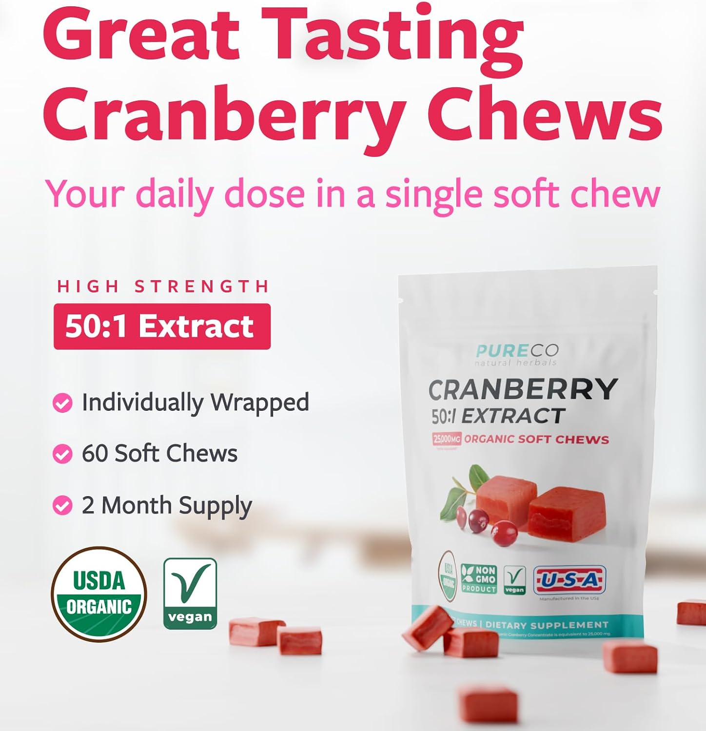 Organic Cranberry Pills - Vegan Supplement for Urinary Tract Health & Kidney Cleanse - Cranberry Pills for Women 500mg 50:1 Cranberry Concentrate Per Serving - Urinary Tract Support - 60 Capsules