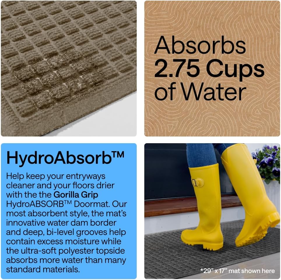 GORILLA GRIP® HydroABSORB Door Mat for Indoor Outdoor Use, 29x17 Black