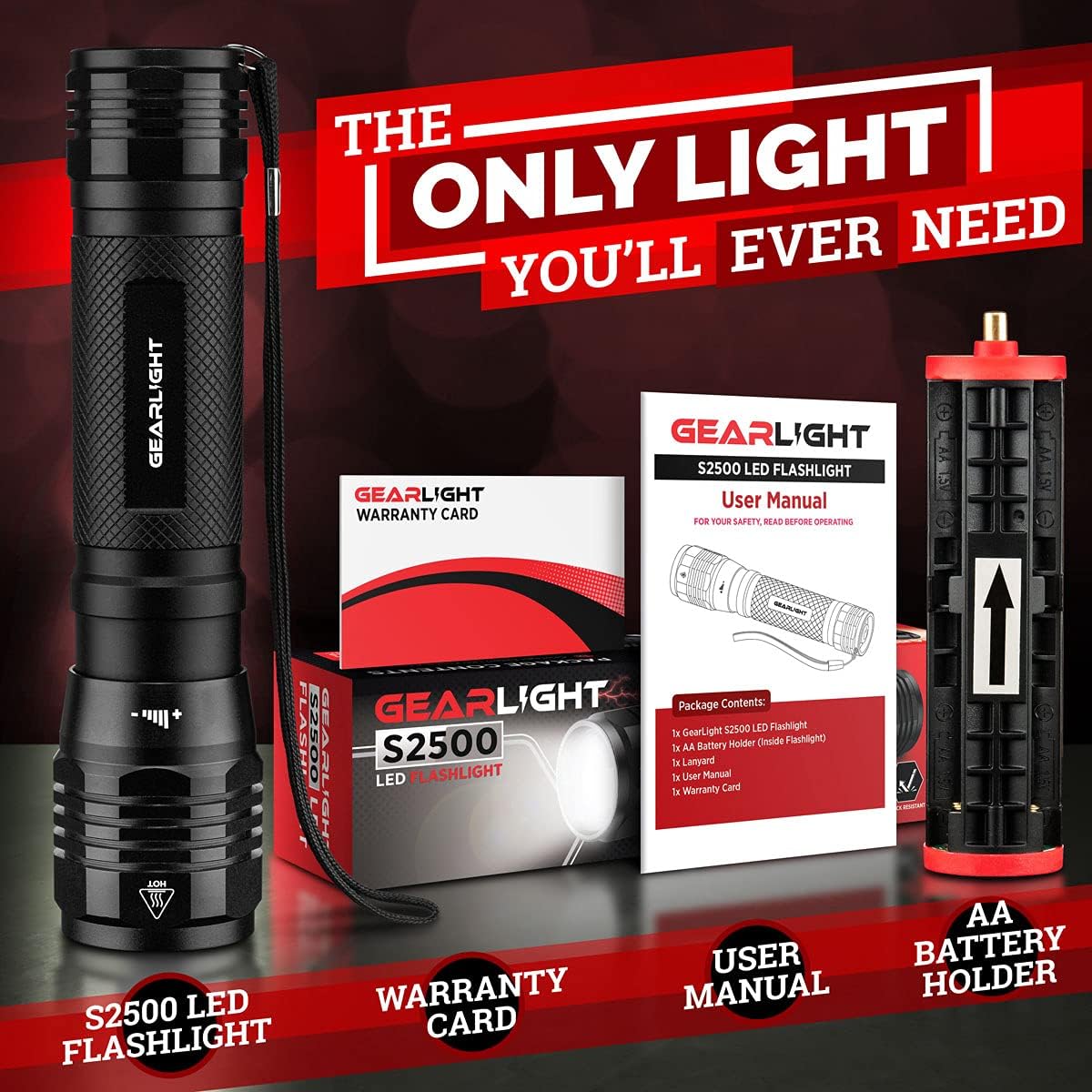 GearLight High-Powered LED Flashlight S1200 - Mid Size, Zoomable, Water Resistant, Handheld Light - High Lumen Camping, Outdoor, Emergency Flashlights - S1200-1 Pack, (Batteries Not Included)