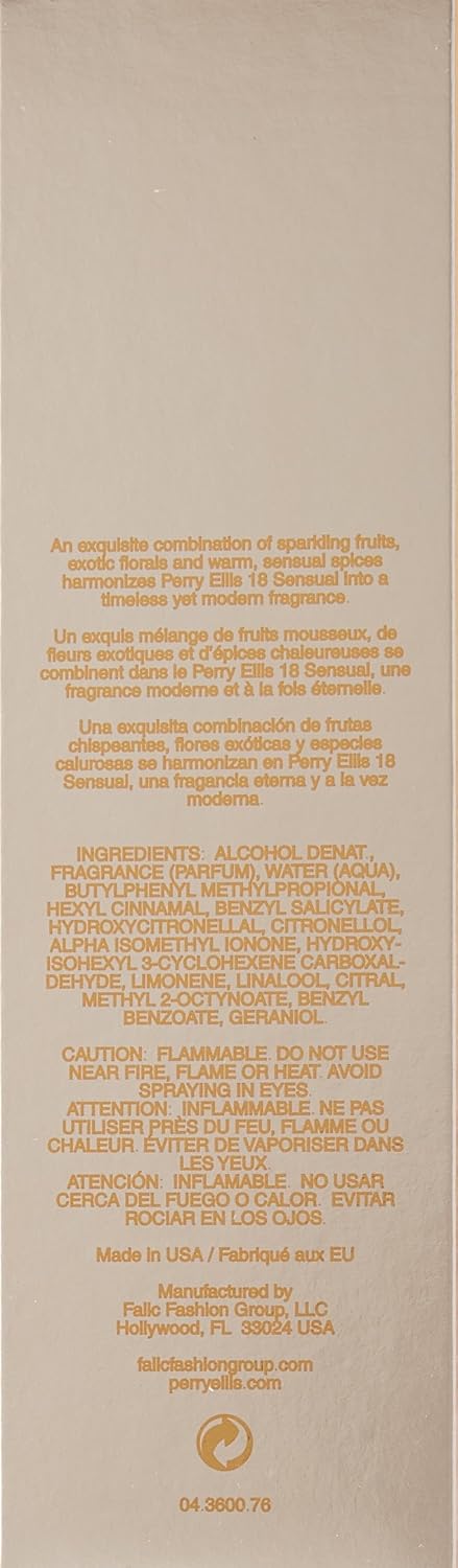 Perry Ellis 18 Sensual Eau de Parfum Spray for Women, 3.4 Oz | Perfumes for Women, Women's Fragrances with Notes of Fruit and Vanilla, Long Lasting Vanilla Perfume, Full-Size Bottle