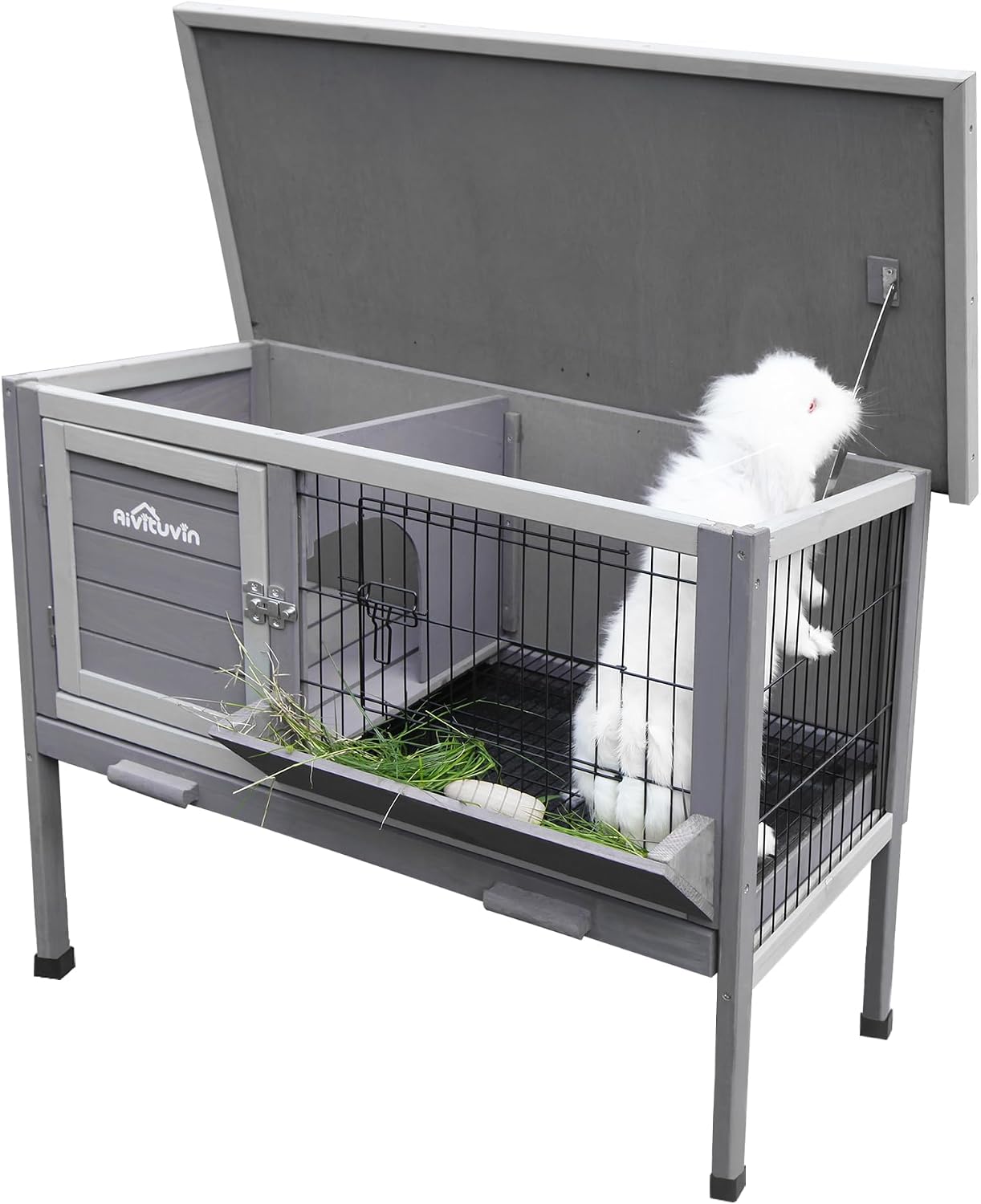 Rabbit Hutch, Wooden Bunny Cages Indoor with Deeper Leakproof Tray - Upgrade with Metal Wire Pan (Grey, Rabbit Hutch #001-B) Large