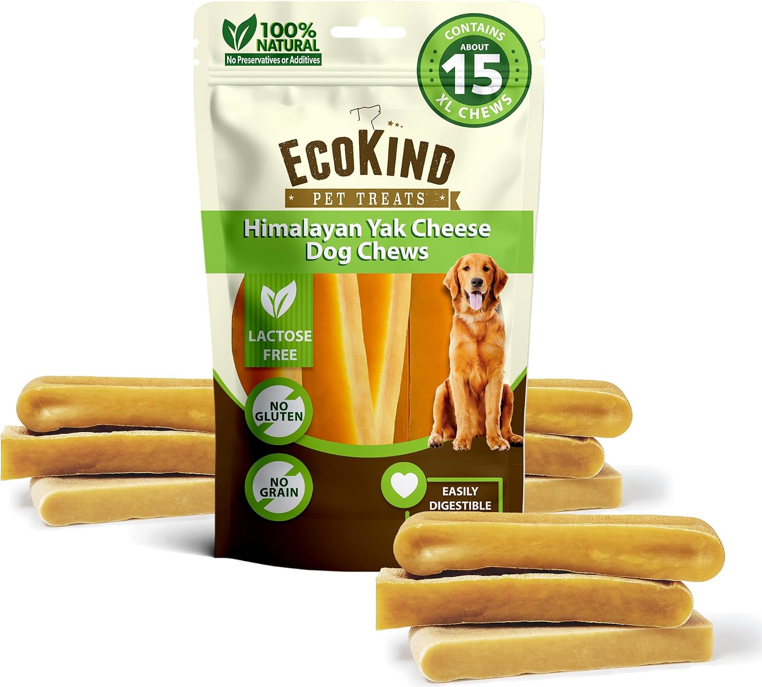 EcoKind Yak Cheese Himalayan Dog Chews, Yak Chews for Large Dogs, 4-5 Bones | 1 Lb, Long Lasting for Aggressive Chewers, Only 3 Ingredient Natural High Protein Dental Dog Treats, No Additives or Lactose