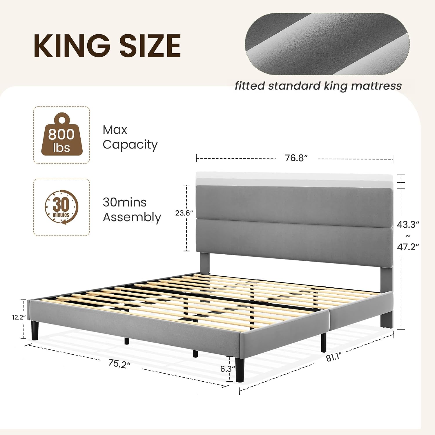GRUSIGN Queen Size Platform Bed Frame with Velvet Headboard, Adjustable Height Wooden Slats Support, Upholstered Mattress Foundation, Fits Mattress or Mattress with Box Spring, Easy Assembly, Beige