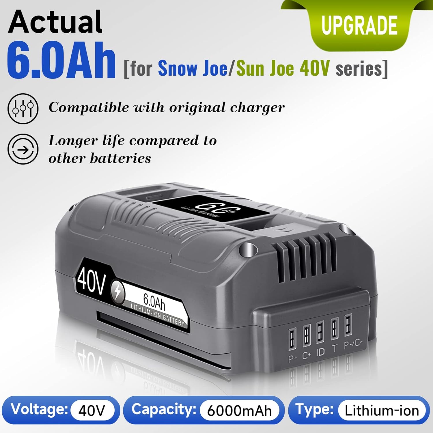 【Upgrade!】 40V 6.0Ah Replacement Battery for Snow Joe/Sun Joe Ecosharp 40V Tools Lithium-ion Battery Snow Blower Lawn Mower Pressure Washer. 40V