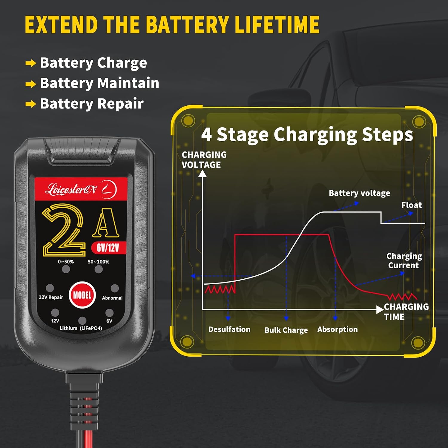 2A Battery Maintainer & Trickle Charger, 6V 12V Smart Float Charger with Pulse Repair Mode, 10FT Extra Long for Motorcycle, Automotive Car, Lawn Mower, Marine Boat, ATV, SLA, AGM, Gel, LiFePO4
