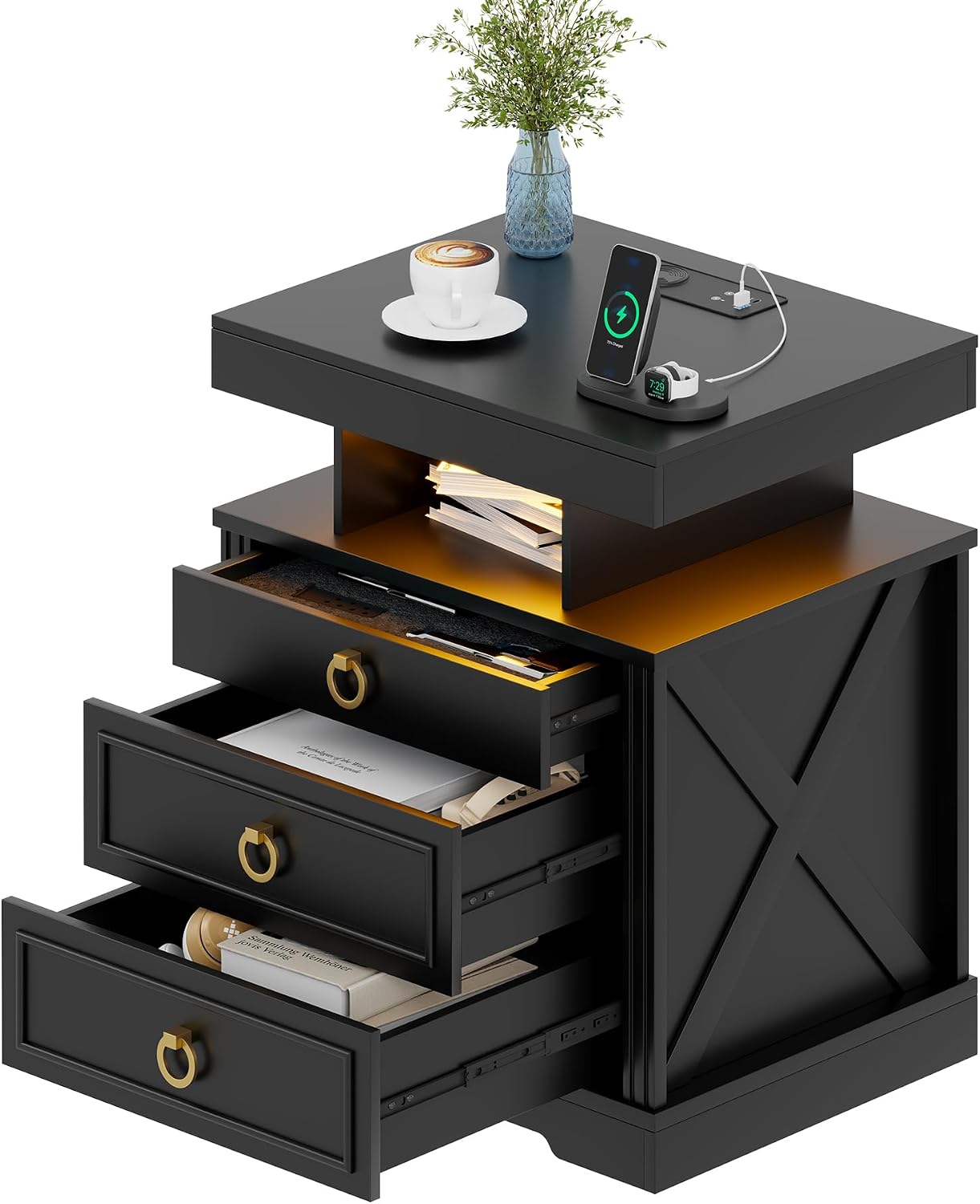 Smart LED Nightstand with Lockable Gun Drawer & Glass Top（Black） | Modern Bedside Table with Charging Station and Hidden Storage, LED Night Stand with 4 Drawers & Motion Sensor for Bedroom