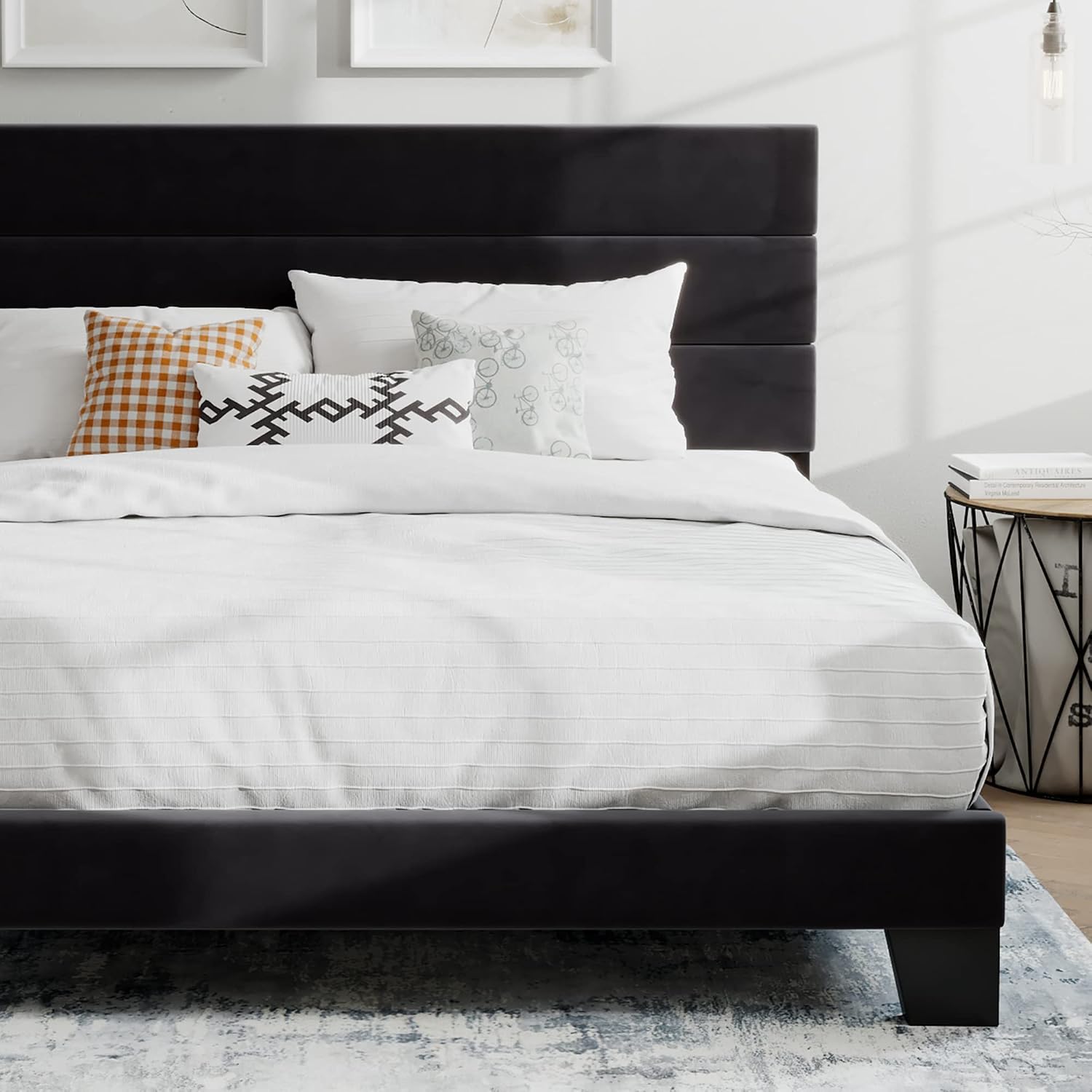 SHA CERLIN Full Platform Bed Frame with Upholstered Fabric Headboard, Grey