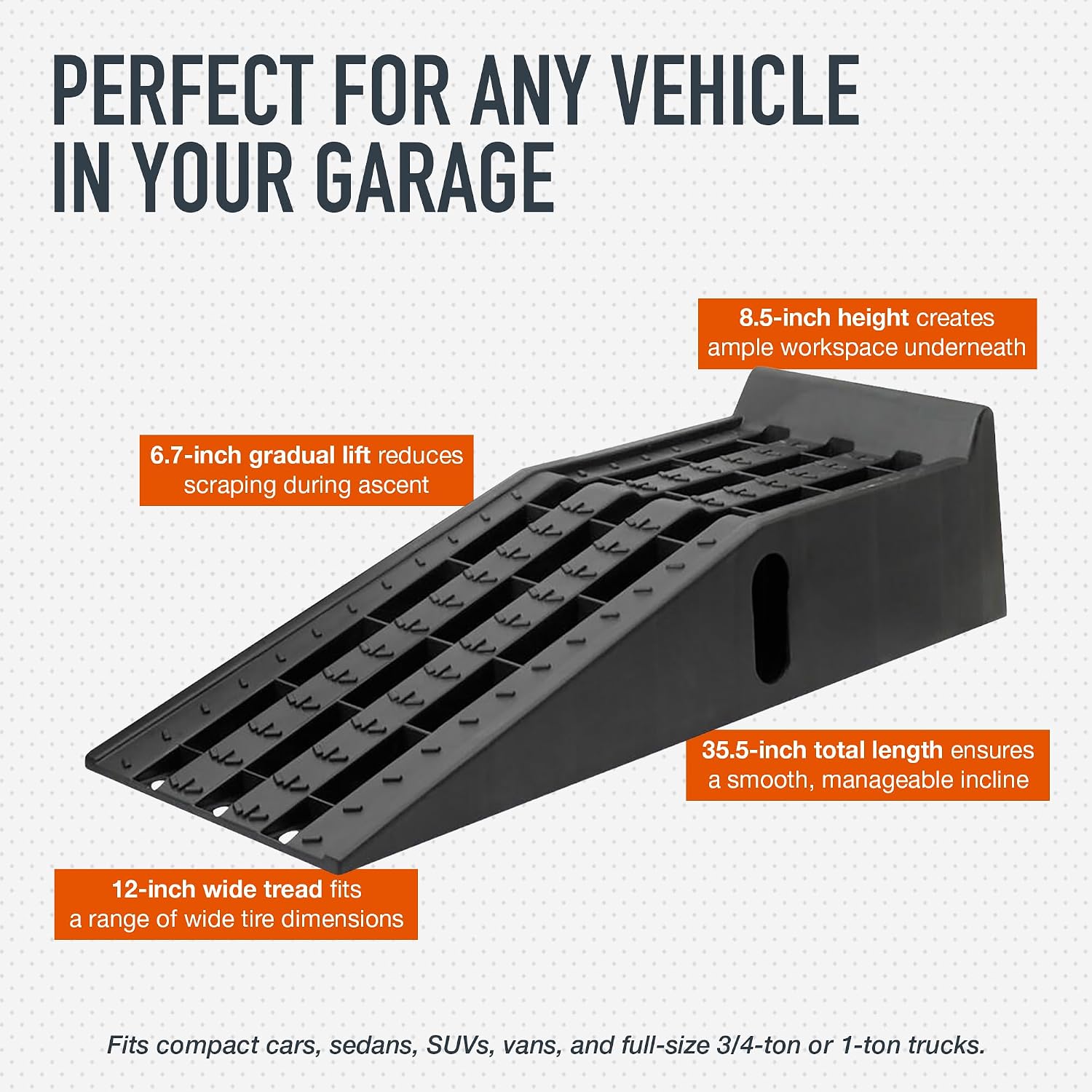 Ironton Poly Car Ramp Set, 12, 000-Lb. GVW, 35.5in.L x 12in.W, 2-Pc. | High-impact construction, 6, 000-lb. capacity per ramp, Non-skid tread