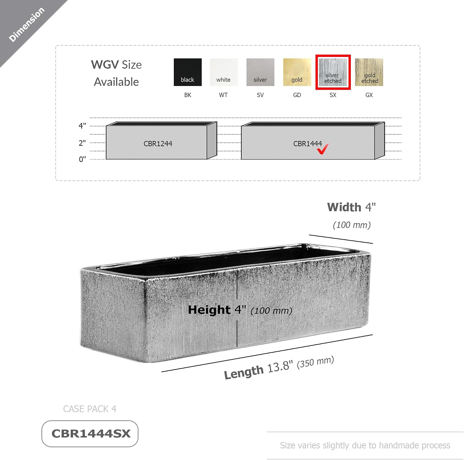 WGVI Long Rectangle Ceramic Planter Vase in White 14" x 4" x 4"H, Rectangular Box Block Terrarium Pot, Flower Arrangement, Tabletop Centerpiece
