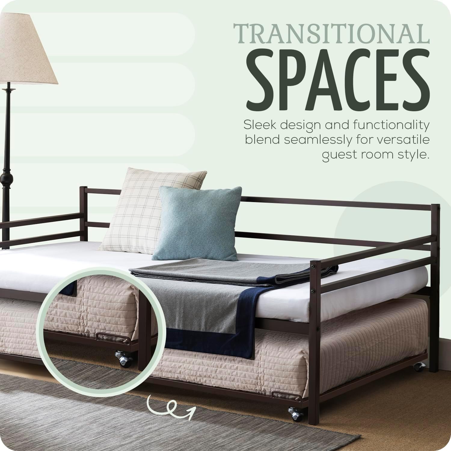 2K Furniture Designs - Twin Size Black Metal Roll Out Trundle Bed Frame for Daybed | Space-Saving Guest Bed - Slides Under Daybeds for Overnight Visitors, Dorms, and Small Spaces