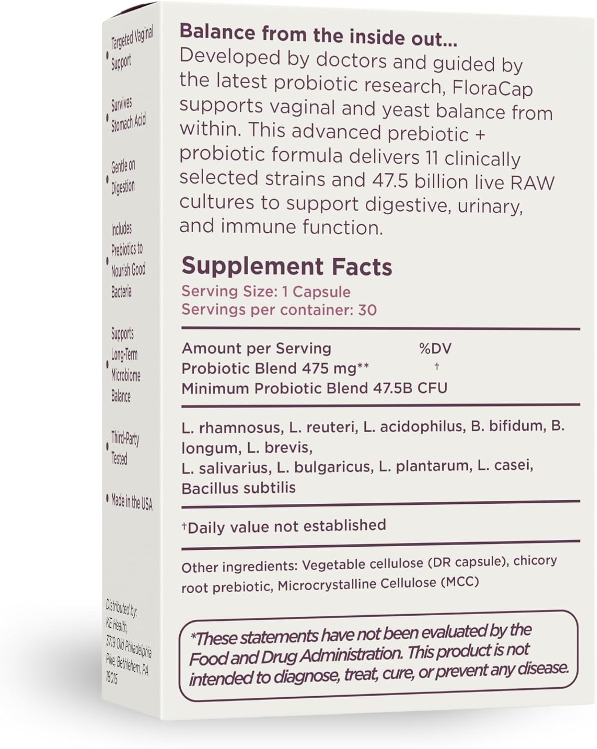 FloraCap Vaginal Probiotics for Women Health, 30 Oral Capsules | Reduce Odor, Itching, & Discomfort, pH-Balanced Formula, Urinary Tract & Healthy Vaginal Flora, Made in USA