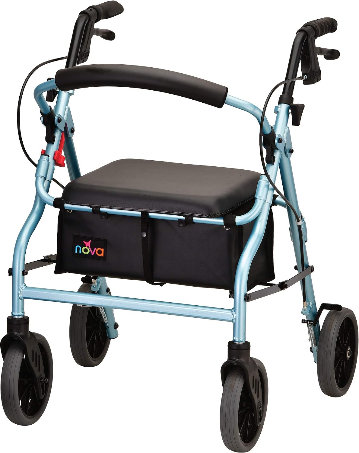 NOVA Zoom 22 Rollator Walker for Seniors, Rolling Walker with Locking Hand Brakes, Padded Seat & 8" Wheels, Lock N Load for Easy Transport & Storage, Adjustable Height 5'5"–6'1", Red