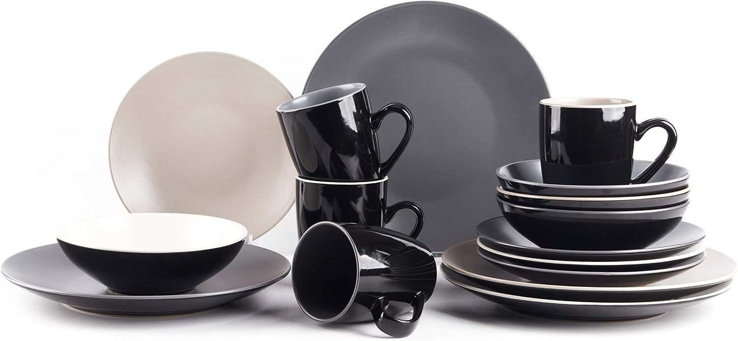Stoneware Two-Tone Colors Life 16pc Dinner Set，Outside Shiny Black + Inside Matte Glaze Olive