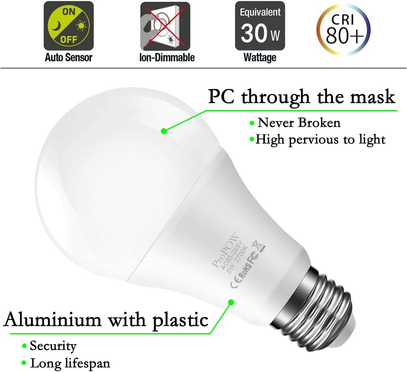 Dusk to Dawn Light Bulb, Sensor LED Bulbs Smart Lights Bulb 5W A19 Automatic On/Off