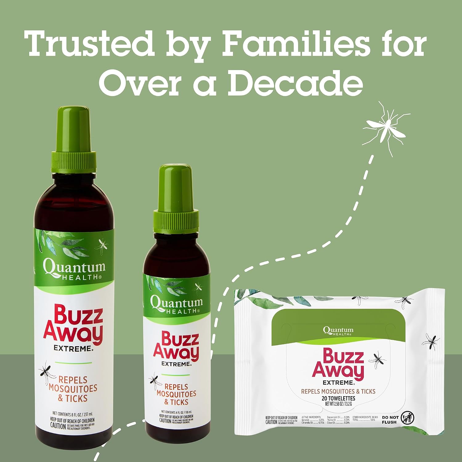 Quantum Health Buzz Away Extreme Mosquito & Tick DEET-Free Repellent, 8 oz | Effective Outdoor Bug Spray, Kid-Friendly, Geraniol, Peppermint, Citronella, Thyme & Clove, Independent Field Tested