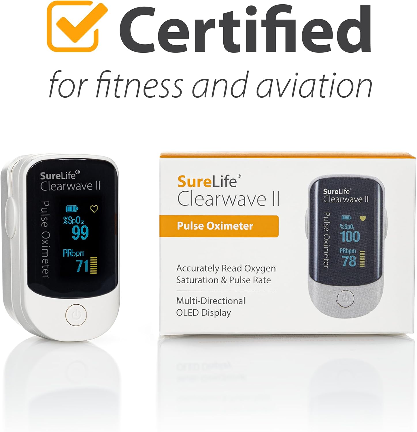 Clearwave II Pulse Oximeter | OLED Display, SpO2 Sensor, Pulse Rate Monitor, One-Button Operation, Batteries & Lanyard Included