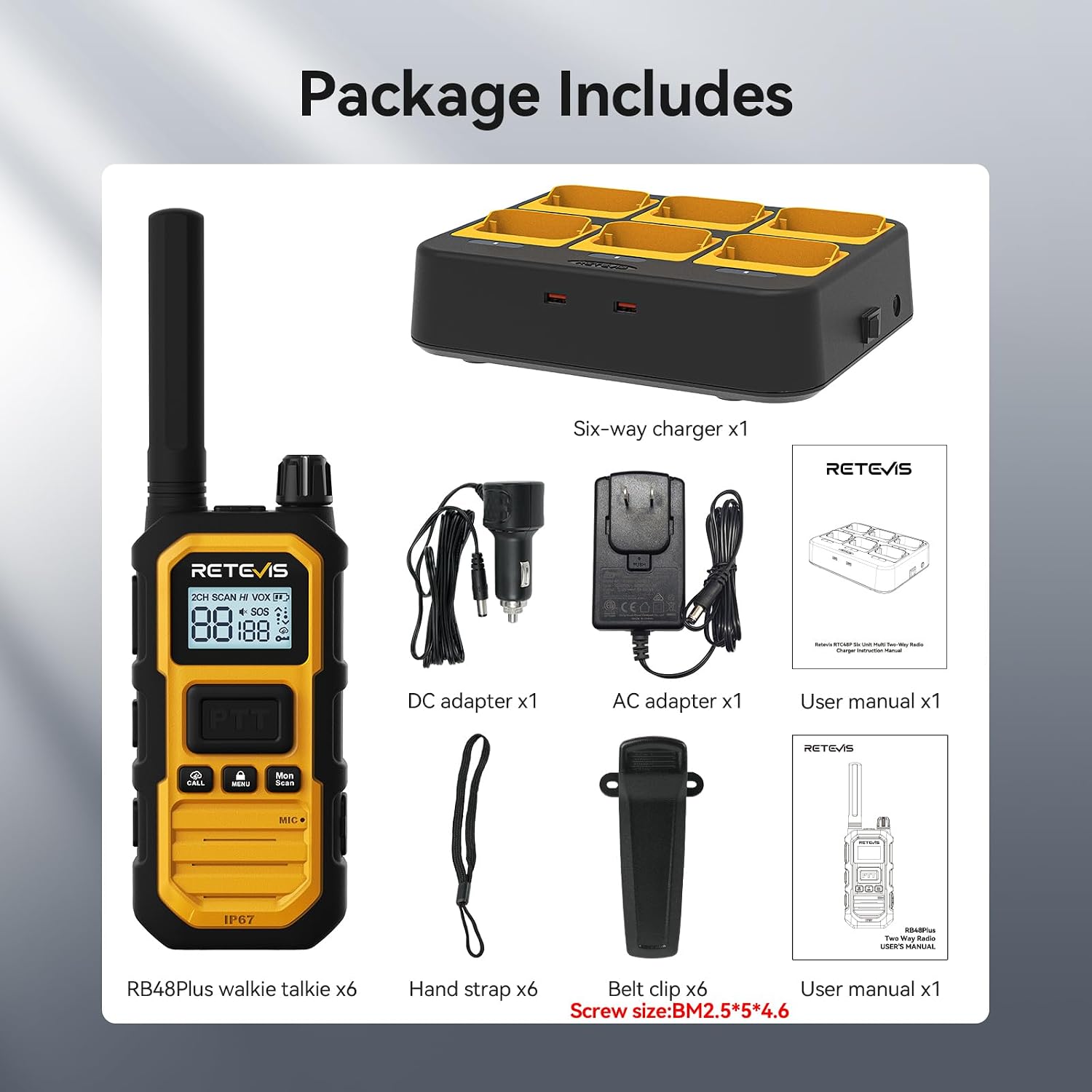Retevis RB48 Plus Waterproof Walkie Talkies Long Range,GMRS Radios (6 Pack) | with 6-Way Charger,Heavy Duty,Rechargeable Two Way Radios,Connected Repeater,Dustproof,Shock Resistant,NOAA,Emergency Radios