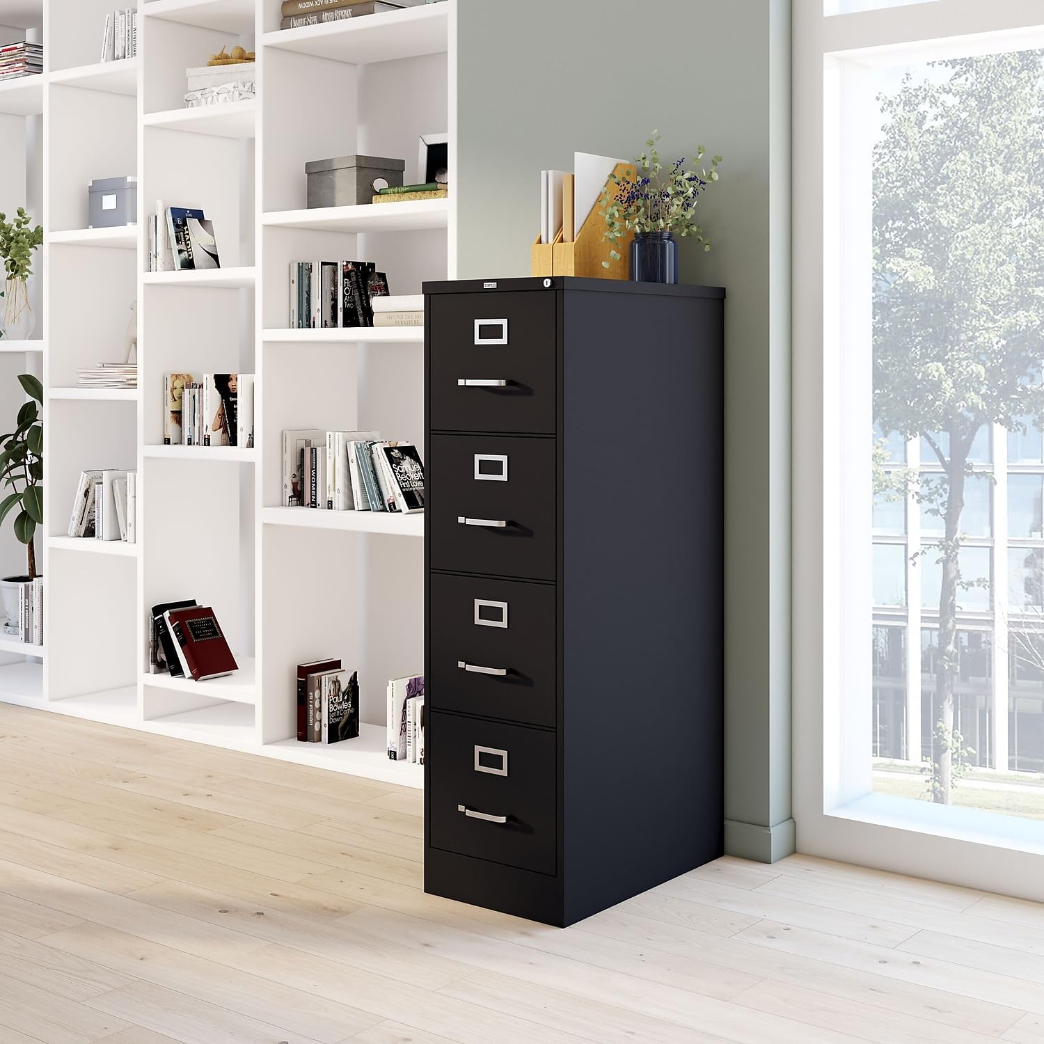 Staples 4-Drawer Vertical File Cabinet, Letter Size Documents, Lockable, 26.5" D x 15" W x 51.97" H, Putty/Beige
