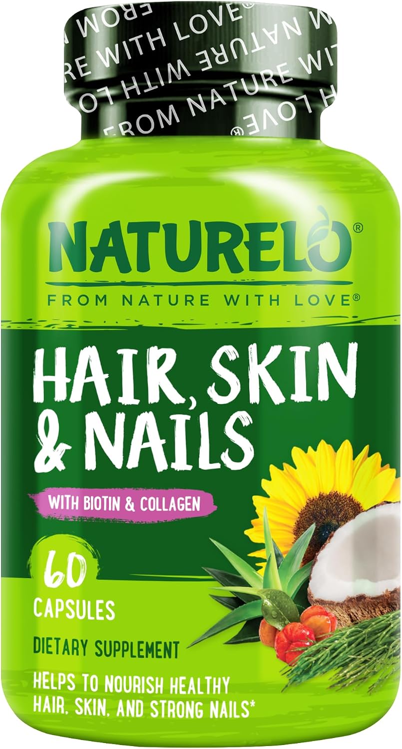 NATURELO Hair, Skin and Nails Vitamins - Biotin, Collagen - 60 Capsules | 5000 mcg, natural vitamin E, healthy skin